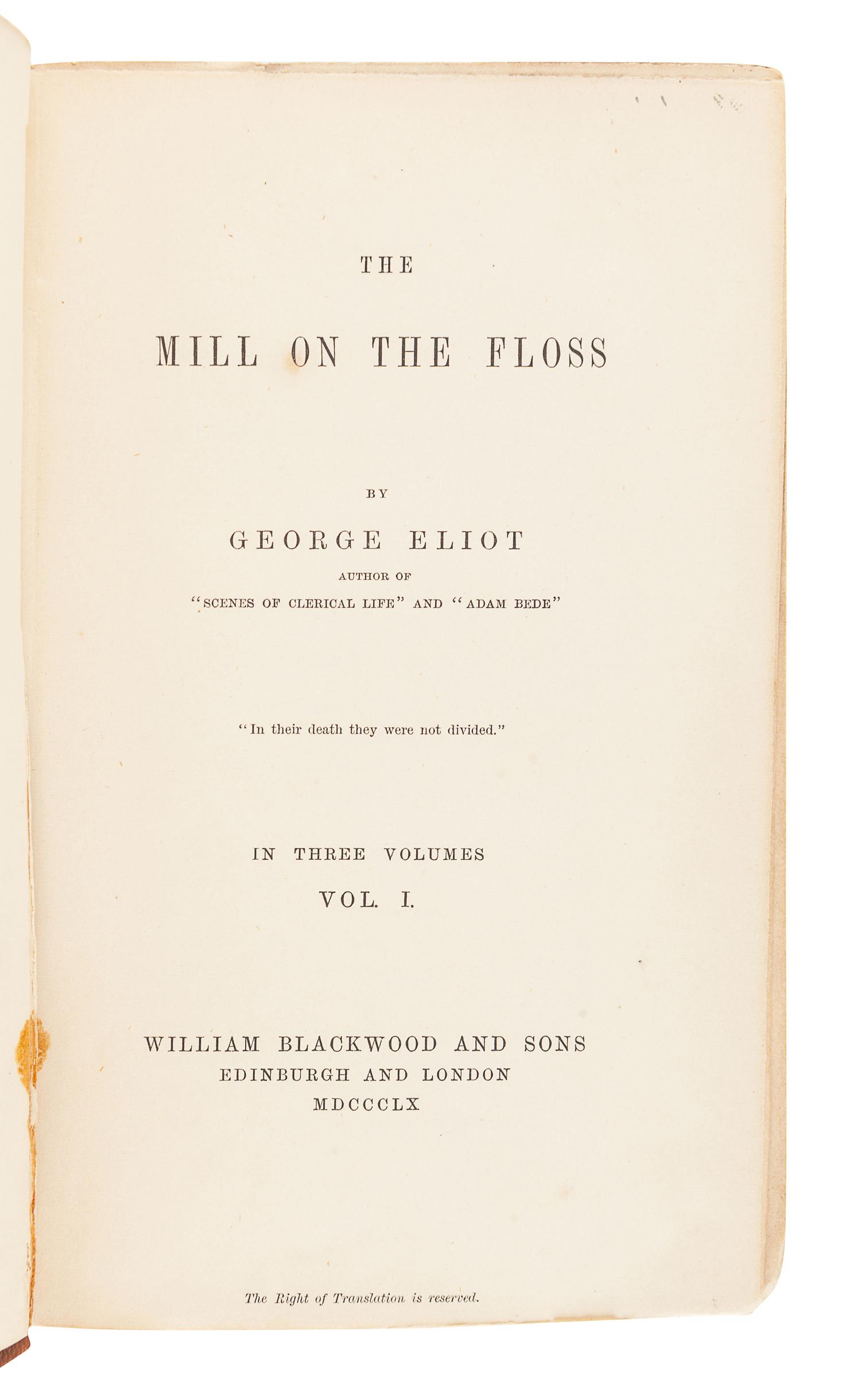 ELIOT, George (1819-1880). Mill on the Floss. Edinburgh & London: William Blackwood and Sons, 1860.
