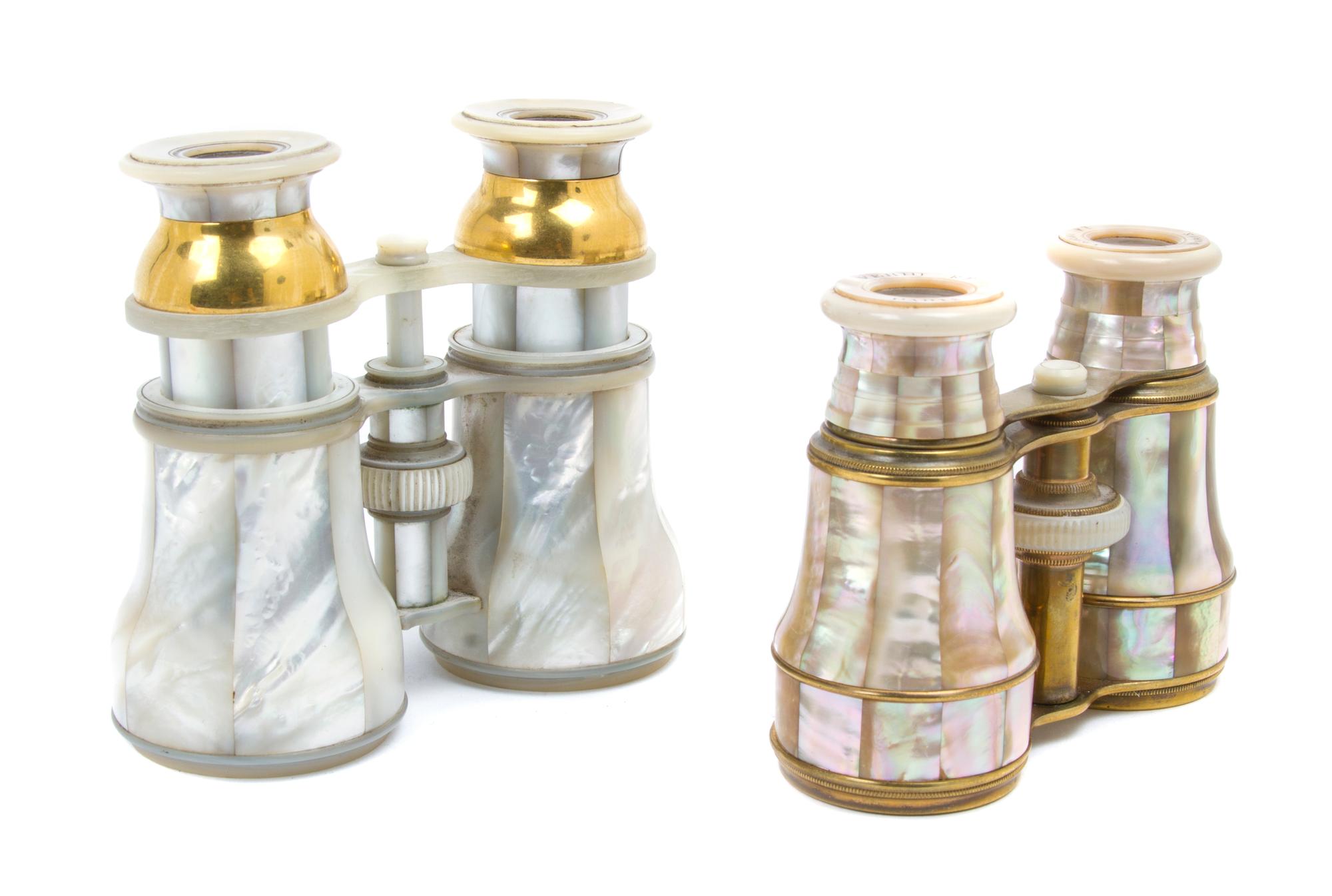 Two Pairs of French Mother-of-Pearl Veneered Opera Glasses, Width of wider 3 7/8 inches.