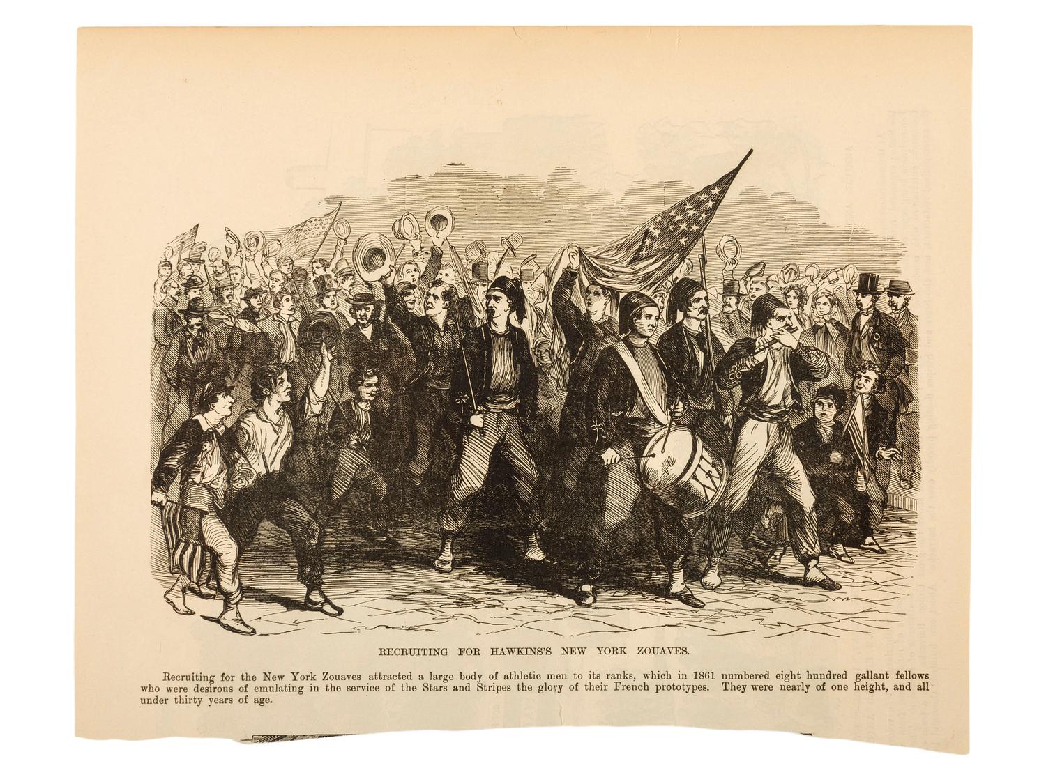 [HAWKINS' ZOUAVES]. A group of prints and newspapers featuring illustrations and coverage of the 9th New York Infantry Regiment in the battlefield, comprising: