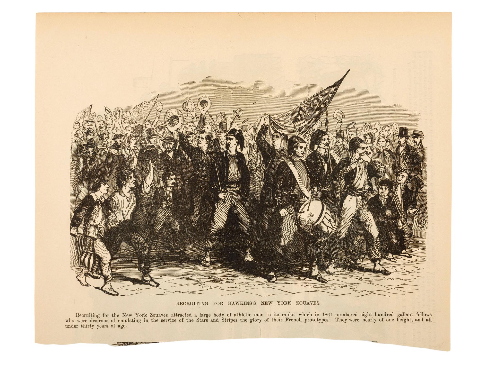 [HAWKINS' ZOUAVES]. A group of prints and newspapers featuring illustrations and coverage of the 9th New York Infantry Regiment in the battlefield, comprising: