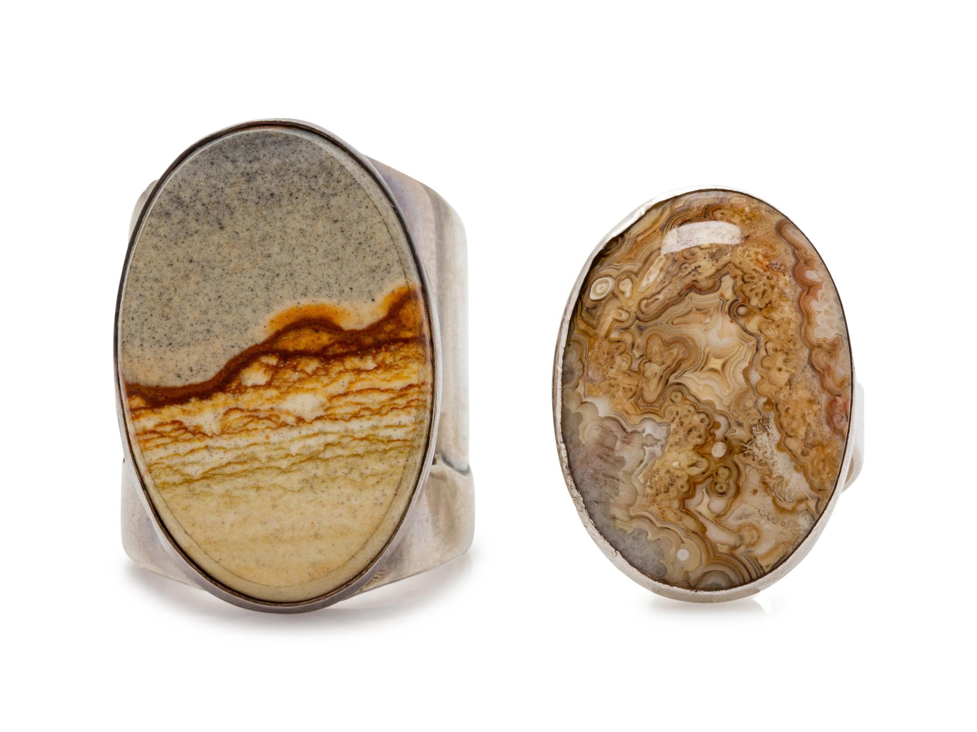 A Collection of Silver and Agate Rings,