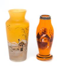 Two Czechoslovakian Landscape Vases Height of taller 5 3/8 inches.