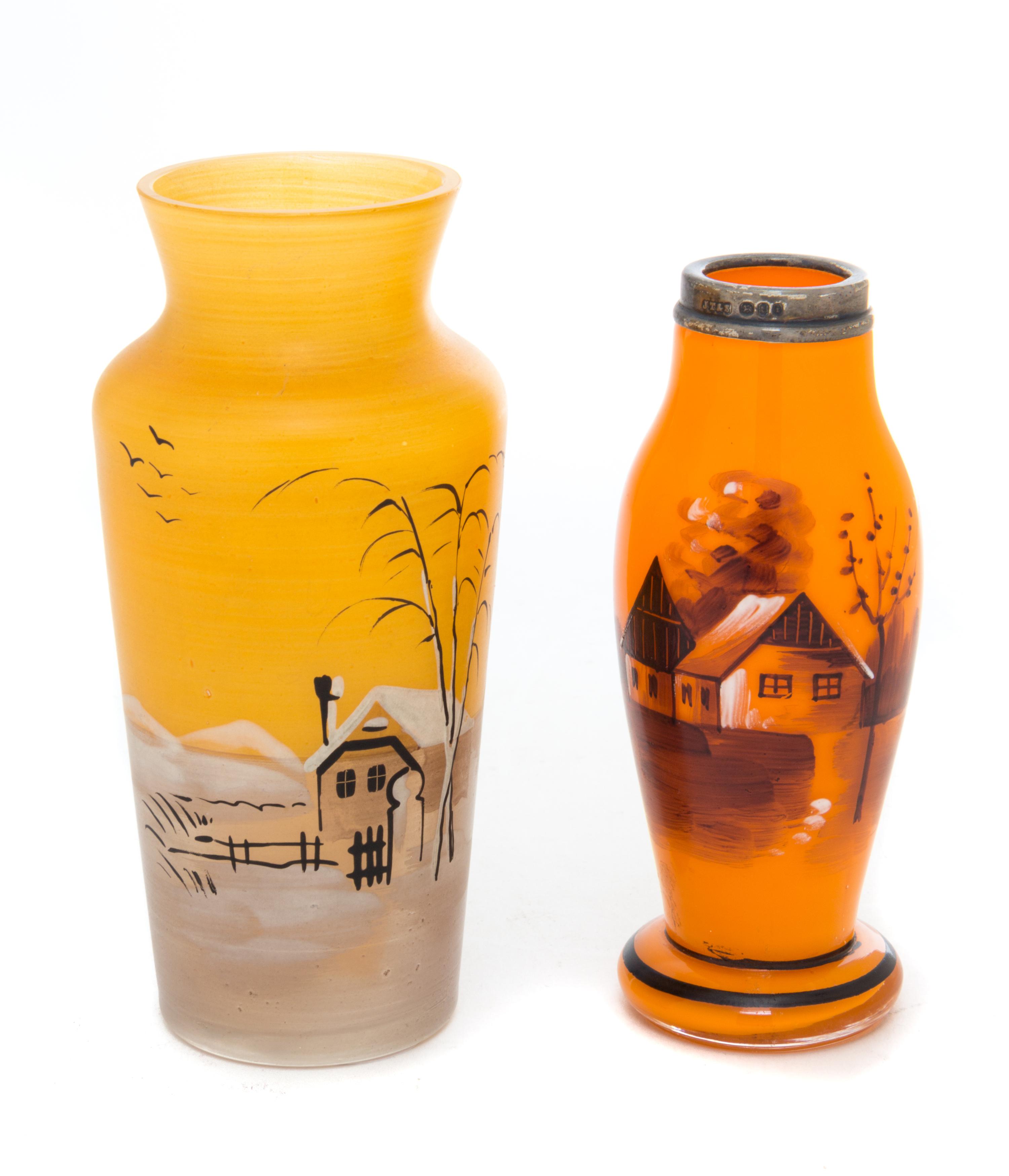 Two Czechoslovakian Landscape Vases Height of taller 5 3/8 inches.