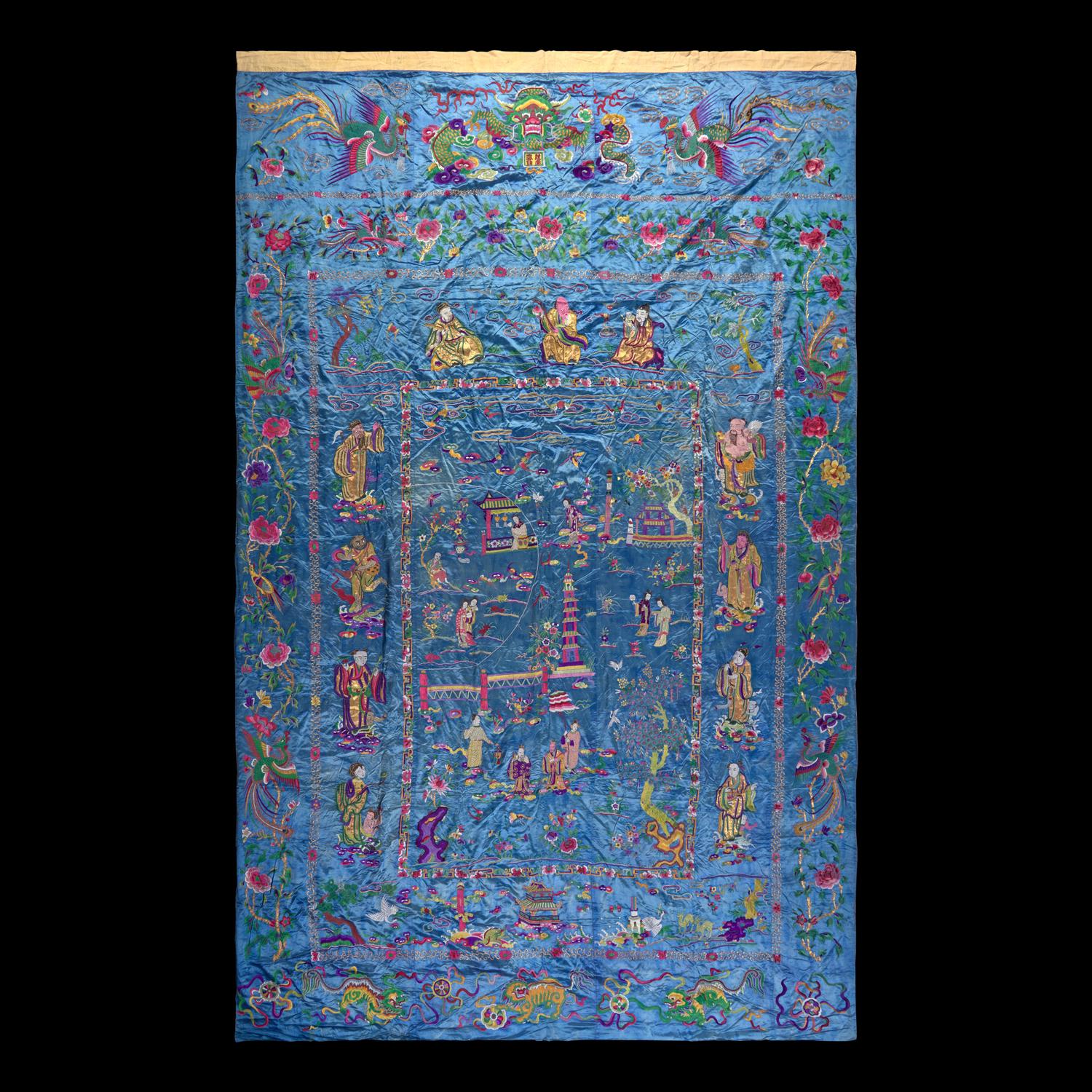 A Massive Chinese Blue Ground Embroidered Silk 'Immortals' Wall Panel, Late 19th/Early 20th Century 清晚期 藍緞地綉群仙祝壽圖挂賬