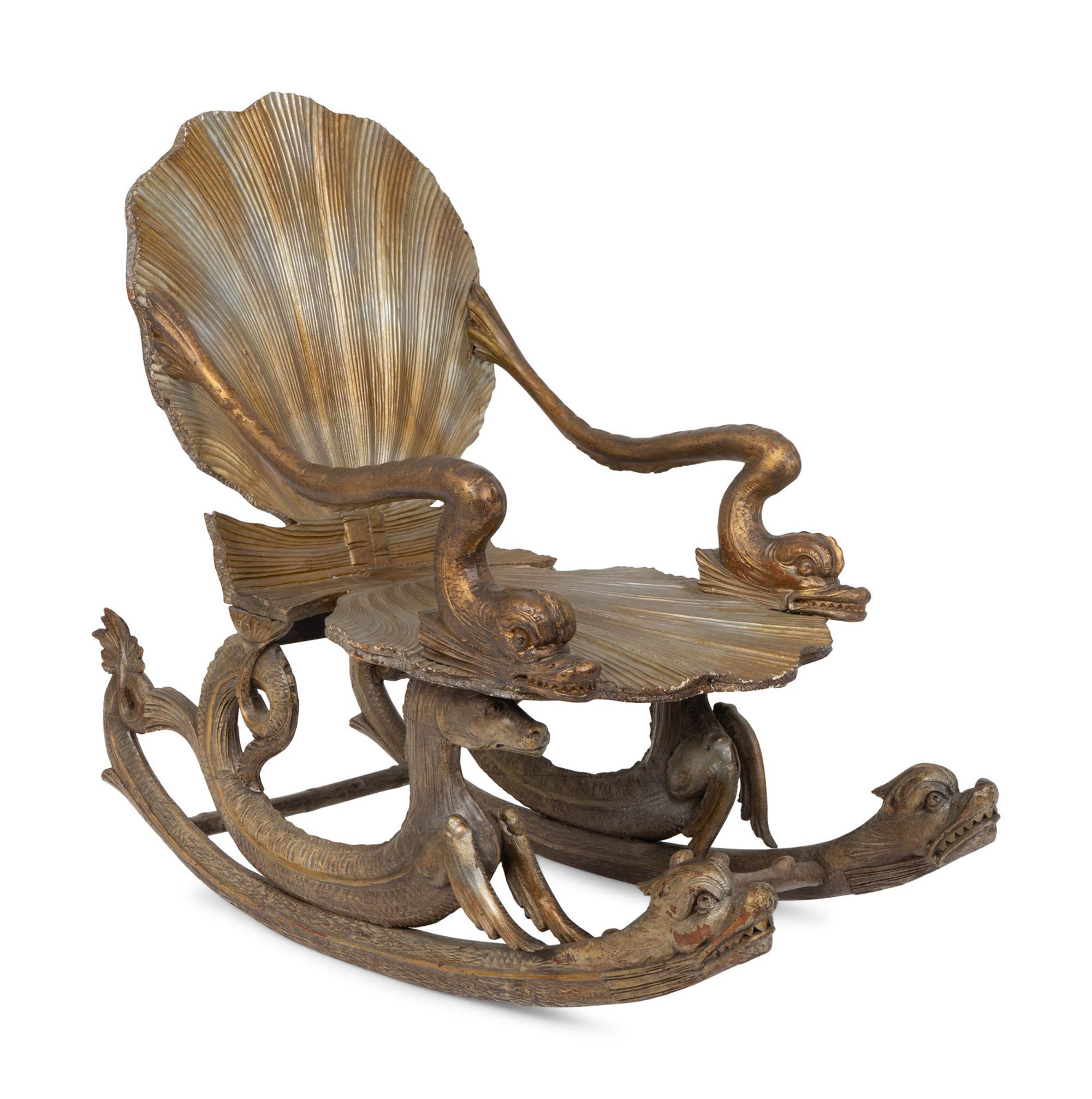 A Venetian Painted and Parcel Gilt Grotto Rocking Chair — LATE 19TH CENTURY