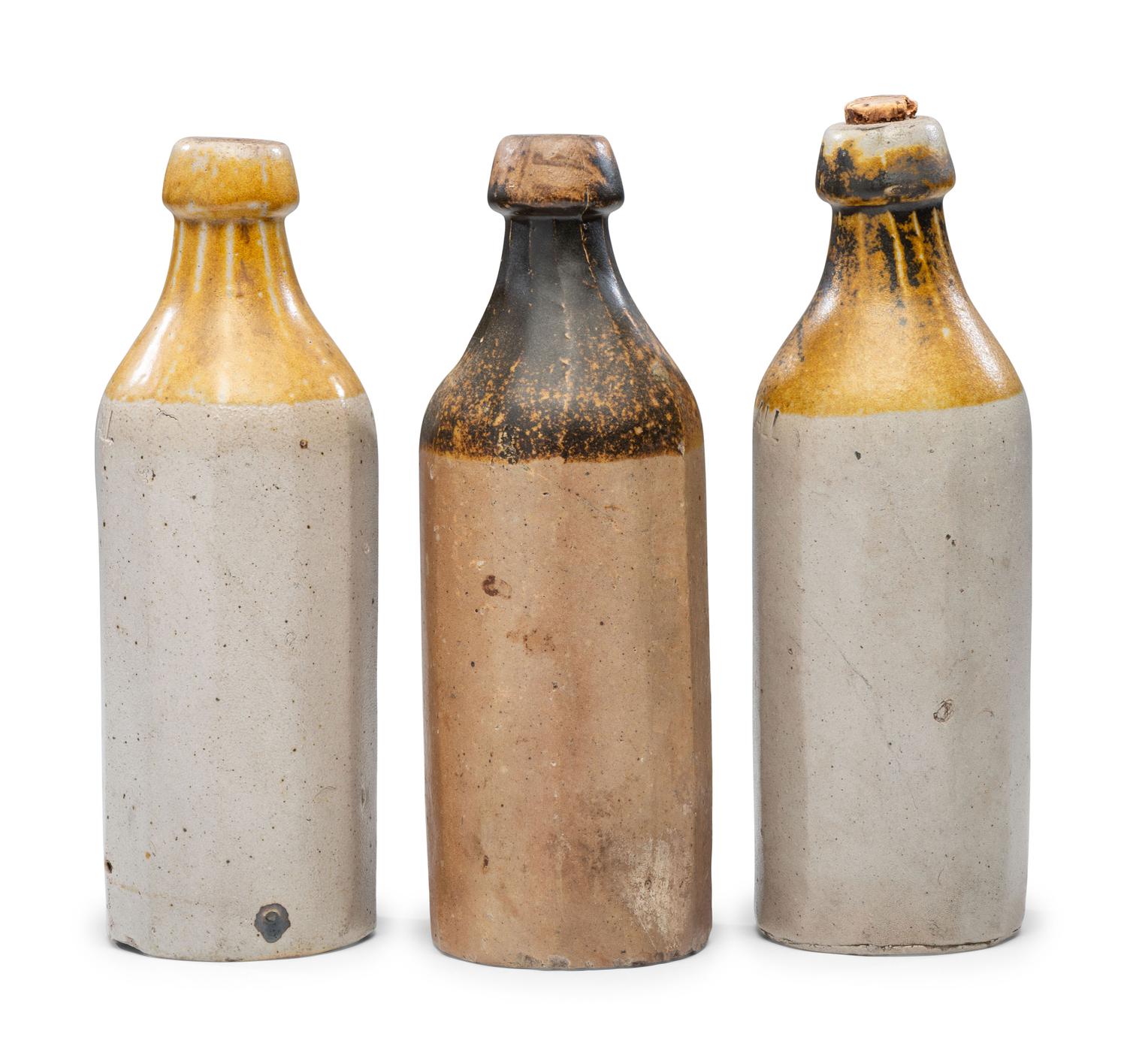 Three J. Viall Stoneware Beer Bottles