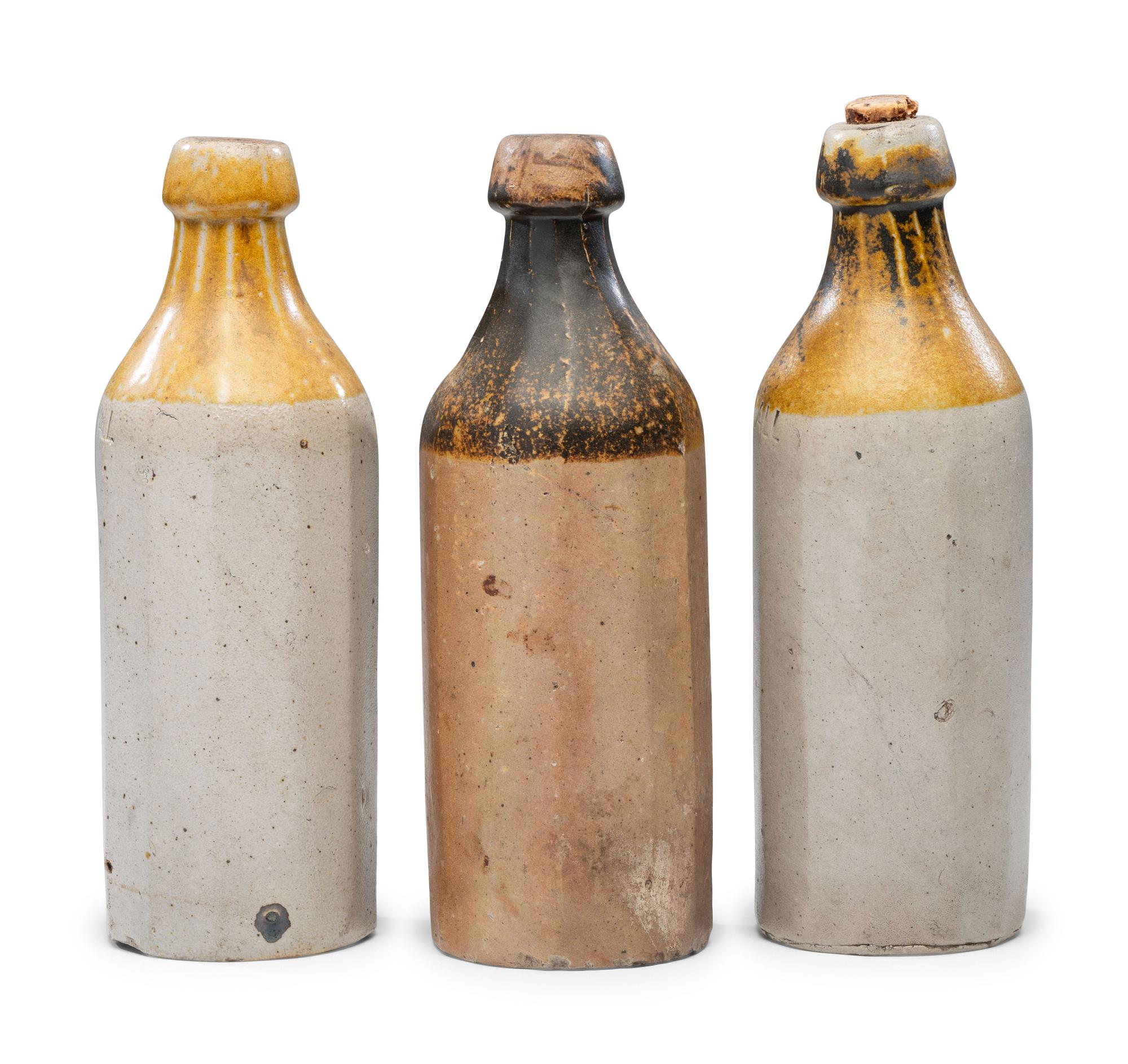 Three J. Viall Stoneware Beer Bottles