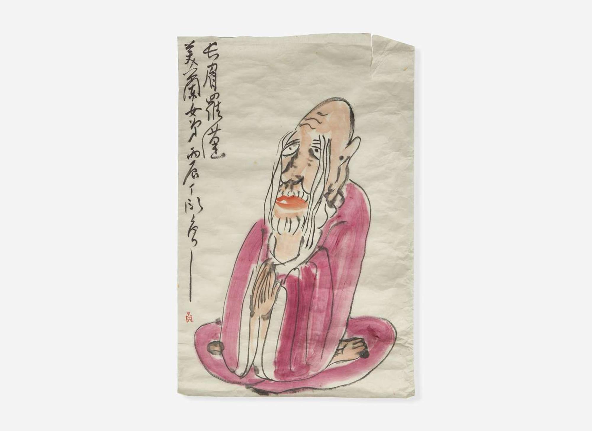 Ding Yanyong (Chinese, 1902-1978), Two Lohan and the Monk Jigong, three works, dated equivalent to 1975 or 1976 丁衍庸（1902-1978）羅漢與濟公一組三幅 1975及1976