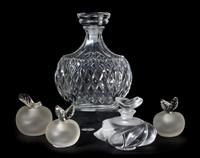 Five Lalique Molded and Frosted Glass Articles, Height of tallest 6 1/4 inches.
