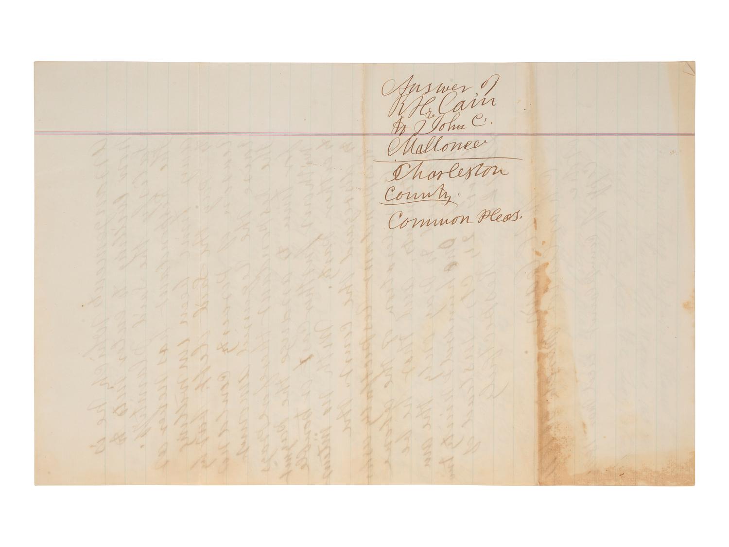 [RECONSTRUCTION]. Manuscript legal document outlining the use of campaign funds by African American politician, abolitionist, and minister, Richard H. CAIN (1825-1887) for an 1870 Charleston, South Carolina, election.