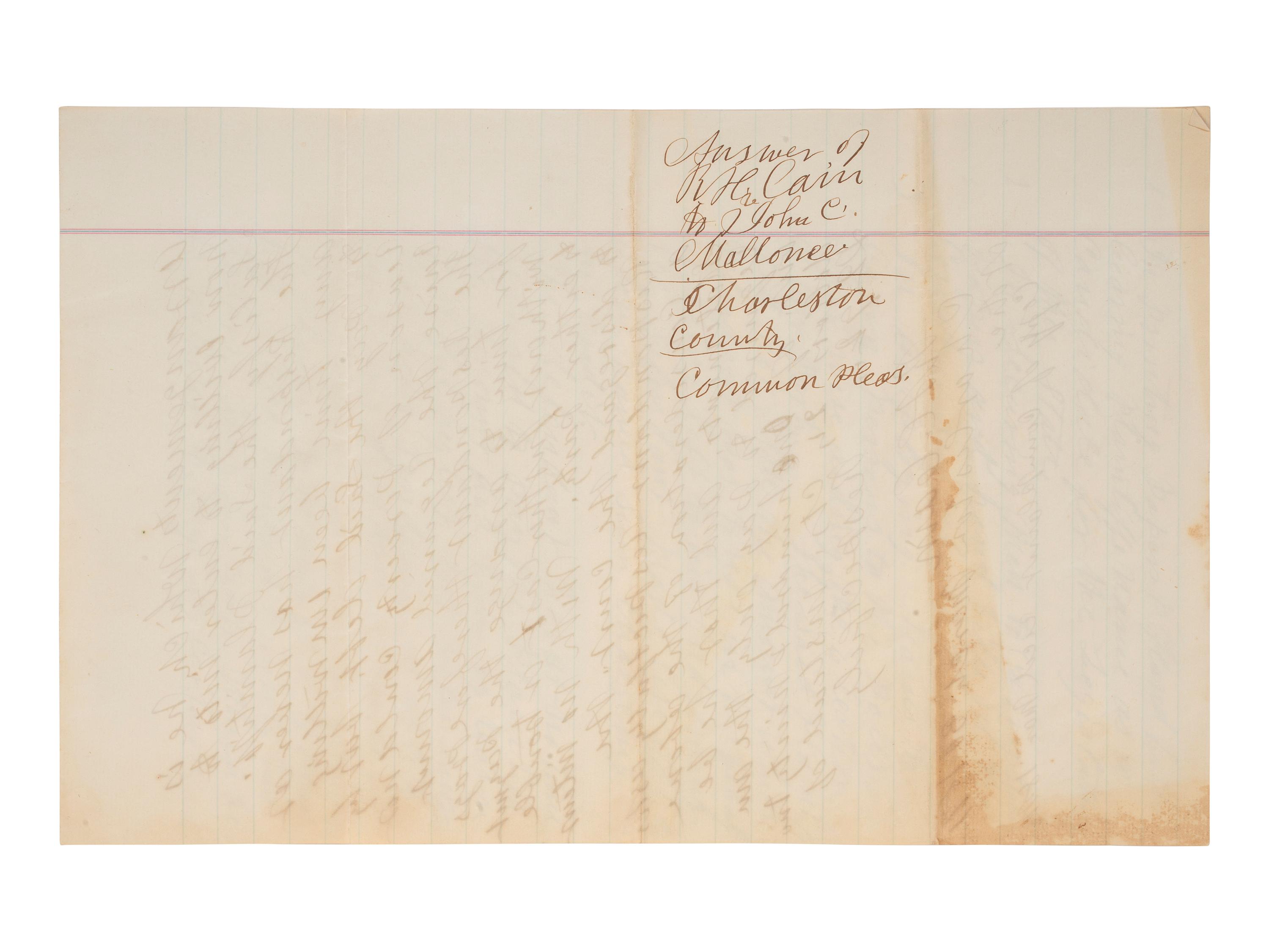 [RECONSTRUCTION]. Manuscript legal document outlining the use of campaign funds by African American politician, abolitionist, and minister, Richard H. CAIN (1825-1887) for an 1870 Charleston, South Carolina, election.