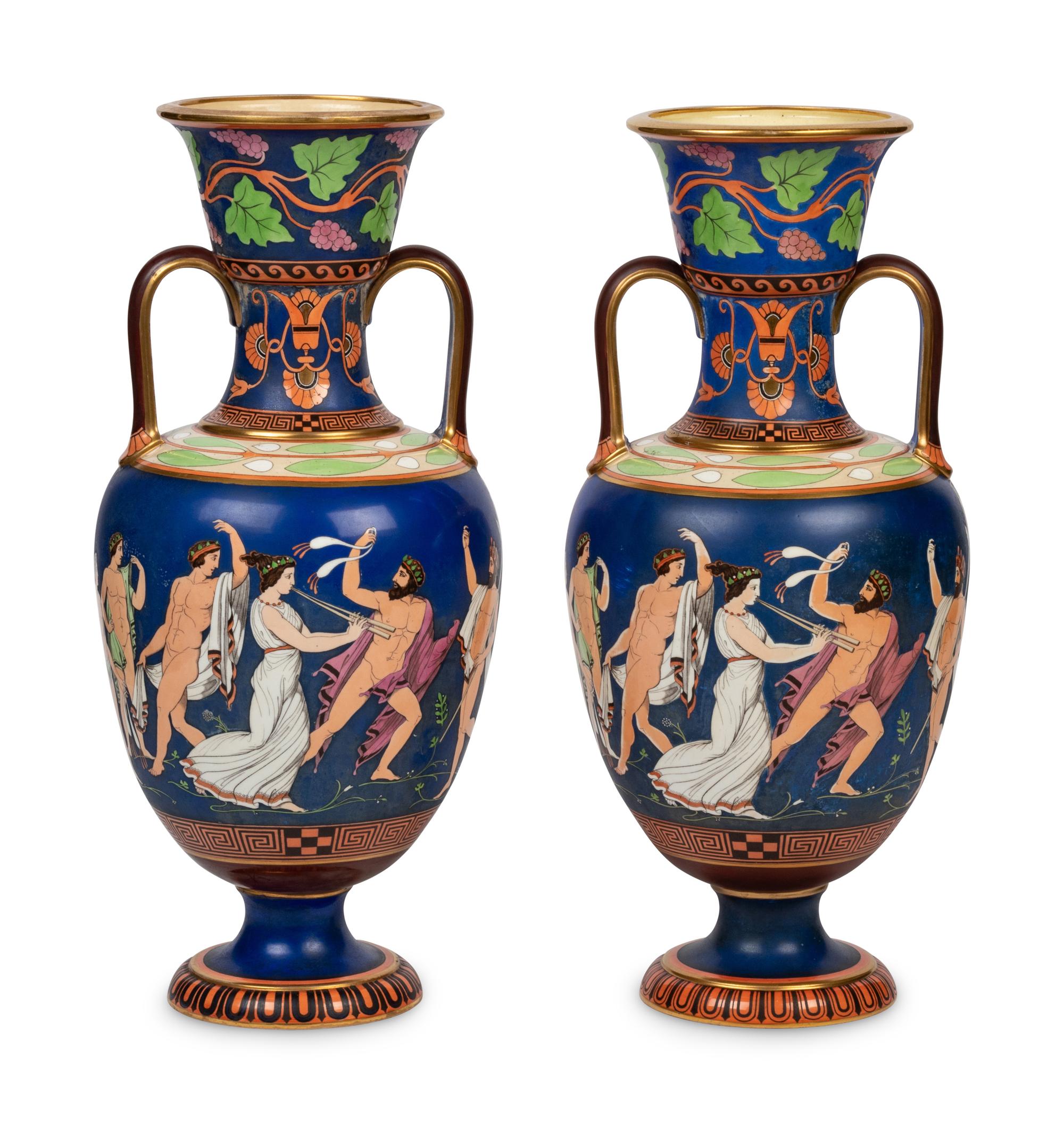 A Pair of Samuel Alcock Redware Greek Revival Twin-Handled Urns