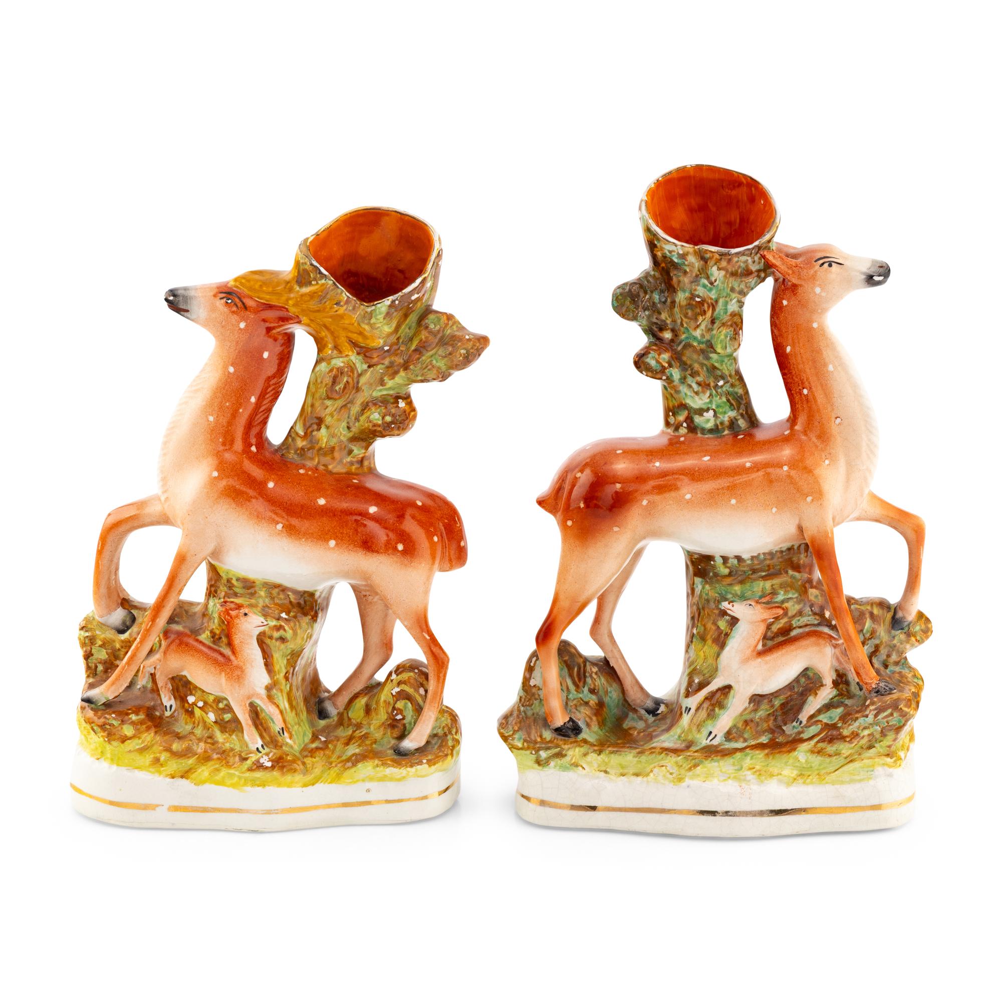 A Pair of Staffordshire Fawn-Form Spill Vases