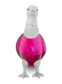 A Silver-Plate and Pink Glass Duck Decanter