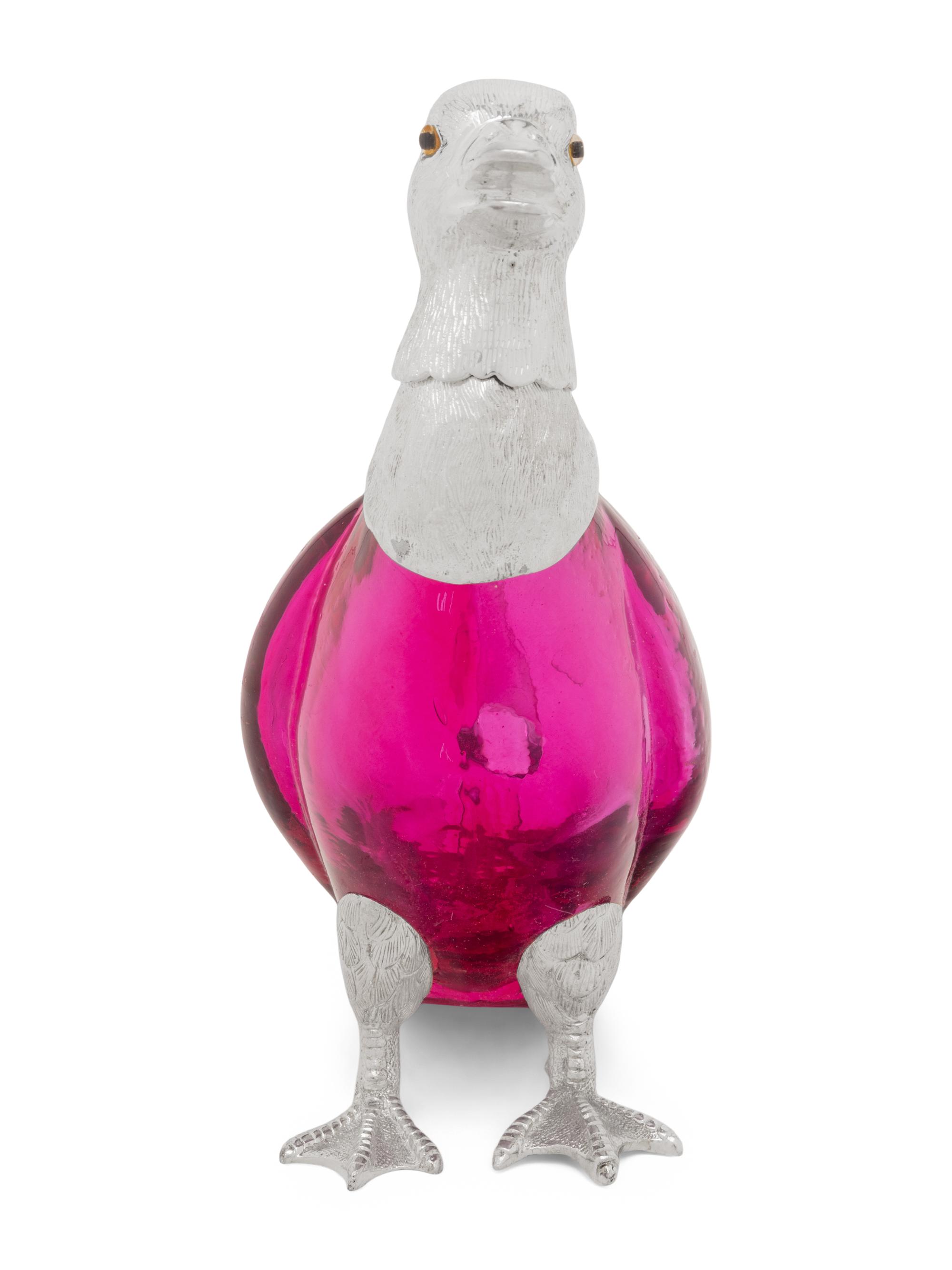 A Silver-Plate and Pink Glass Duck Decanter