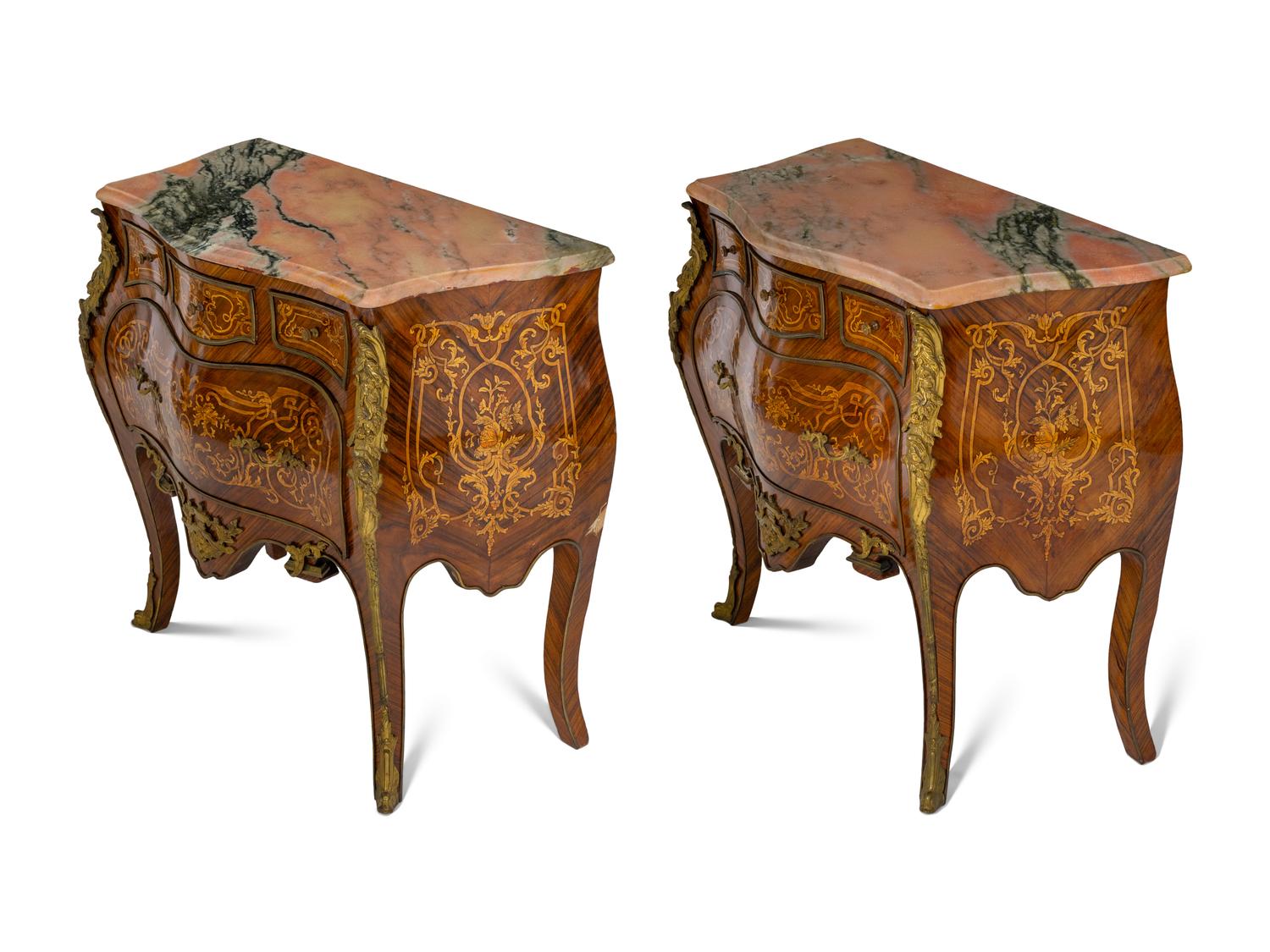A Pair of Louis XV Style Gilt Bronze Mounted Marquetry Marble-Top Commodes