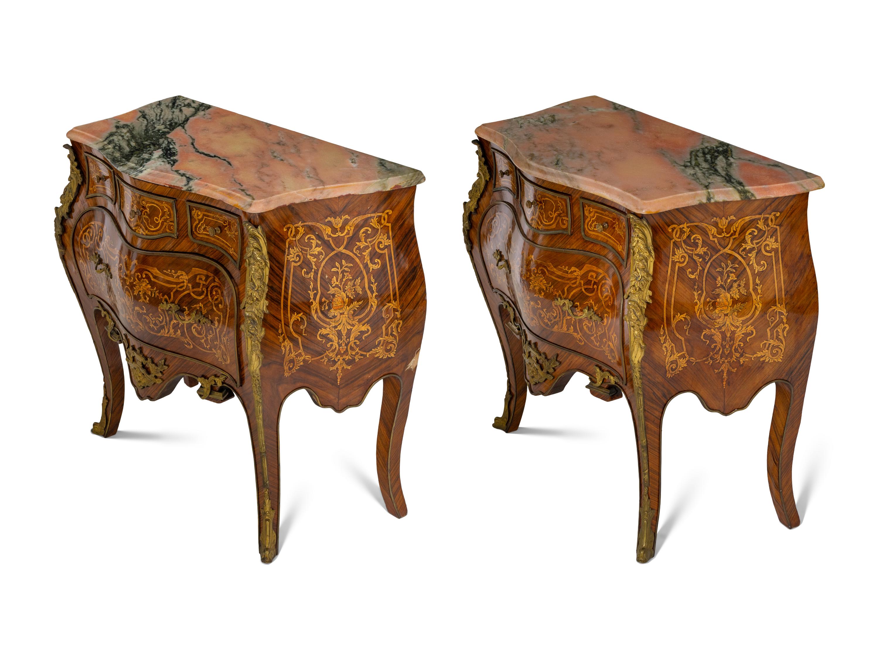A Pair of Louis XV Style Gilt Bronze Mounted Marquetry Marble-Top Commodes