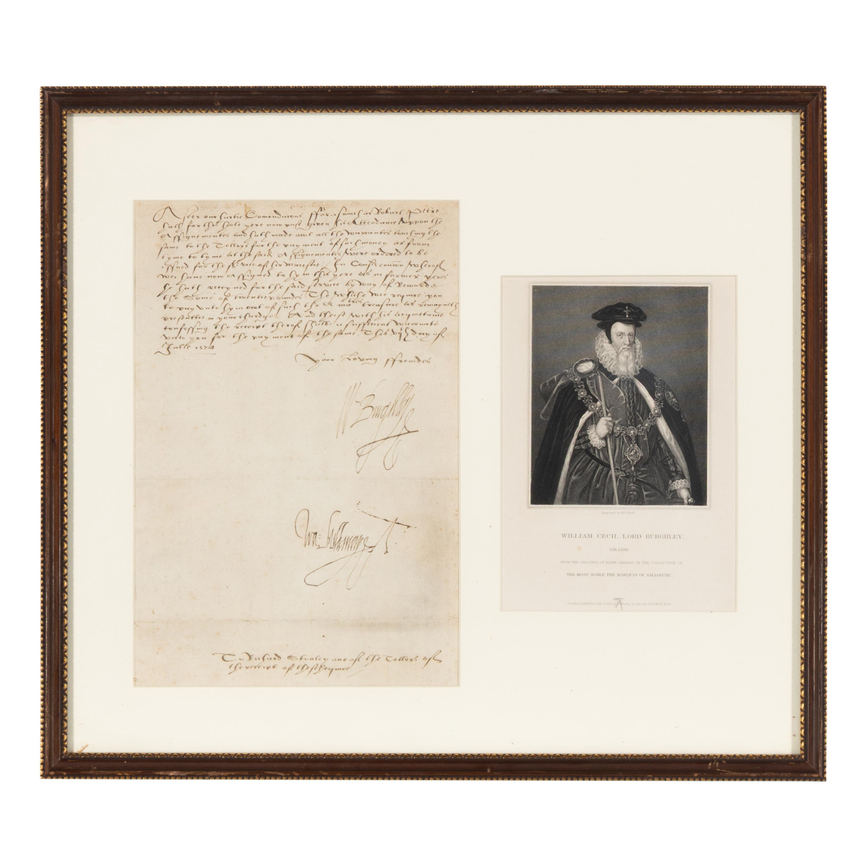 Cecil, William, 1st Baron Burghley (1520-1598). Autograph document signed ("W. Burghley") as Lord High Treasurer to unknown recipient, possibly relating to a debt. [London], July 1574.