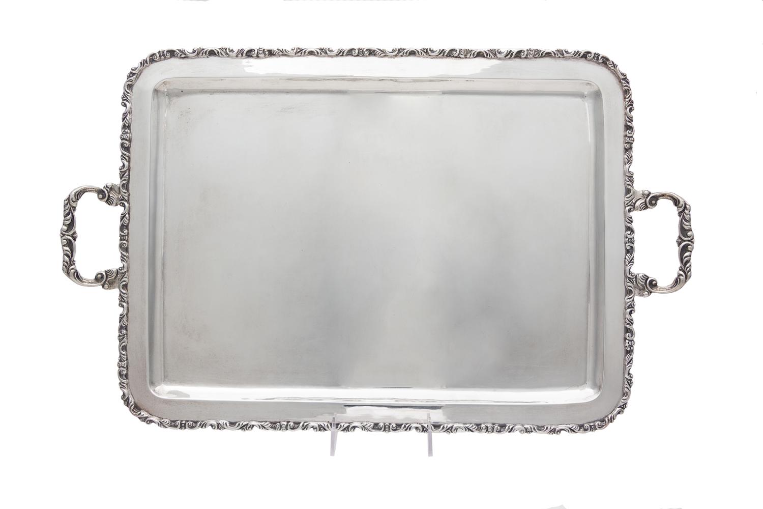 A Mexican Silver Tray, Juvento Lopez Reyes, Mexico City, Mid-20th Century, of rectangular form, the rim and handles worked to show S-sc