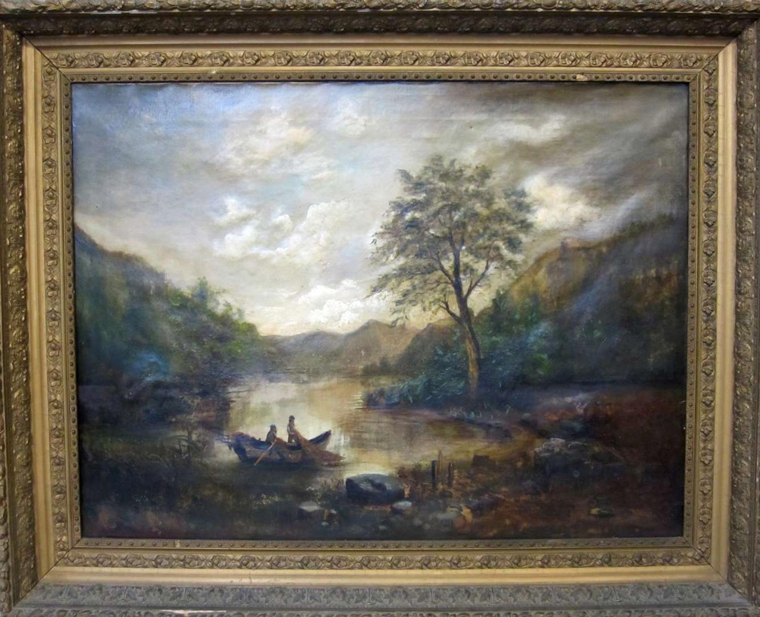American School 19th century landscape scene with canoe in river