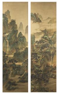 Attributed to Wang Yijen — Sages and Pavilions in a Mountainous Landscape with River