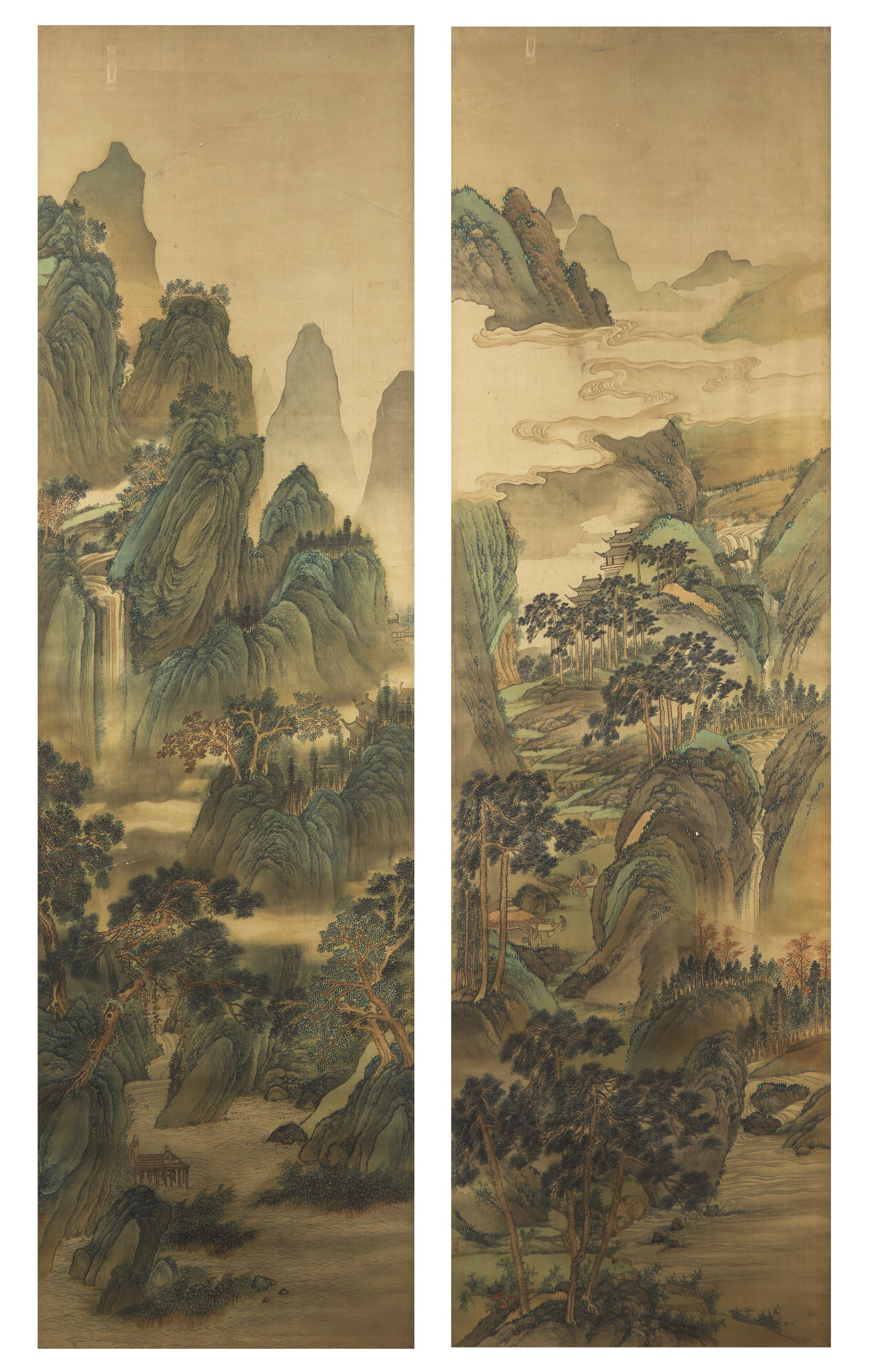 Attributed to Wang Yijen — Sages and Pavilions in a Mountainous Landscape with River