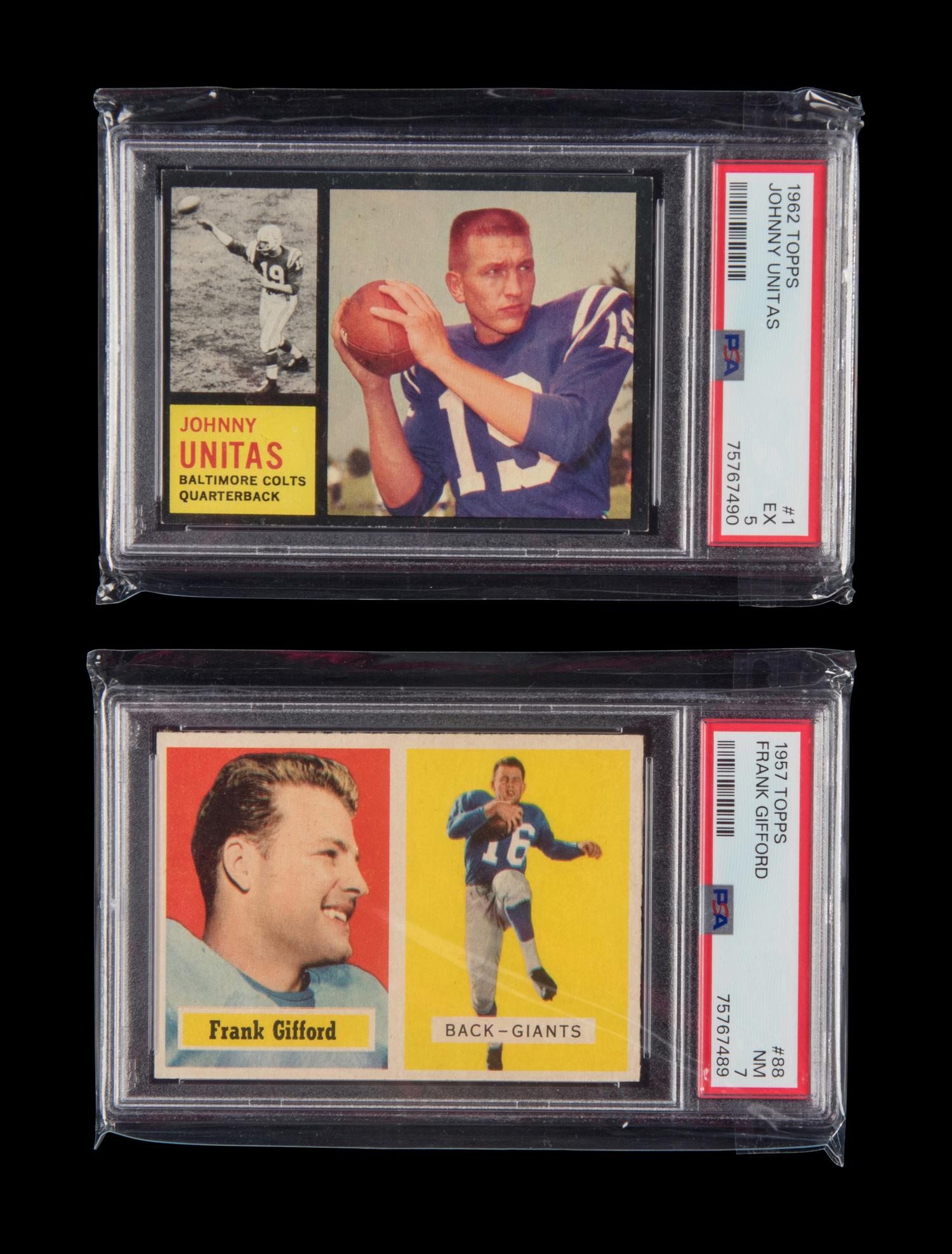 A 1957 Topps Frank Gifford Football Card No. 88 (PSA 7 NM) and 1962 Topps Johnny Unitas Football Card No. 1 (PSA 5 EX)