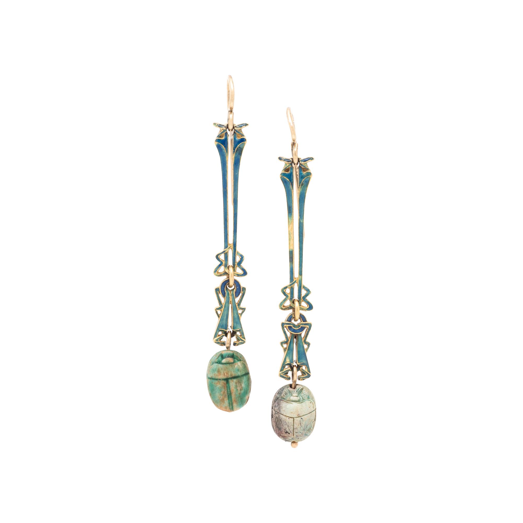 ART NOUVEAU, EGYPTIAN REVIVAL SCARAB EARRINGS