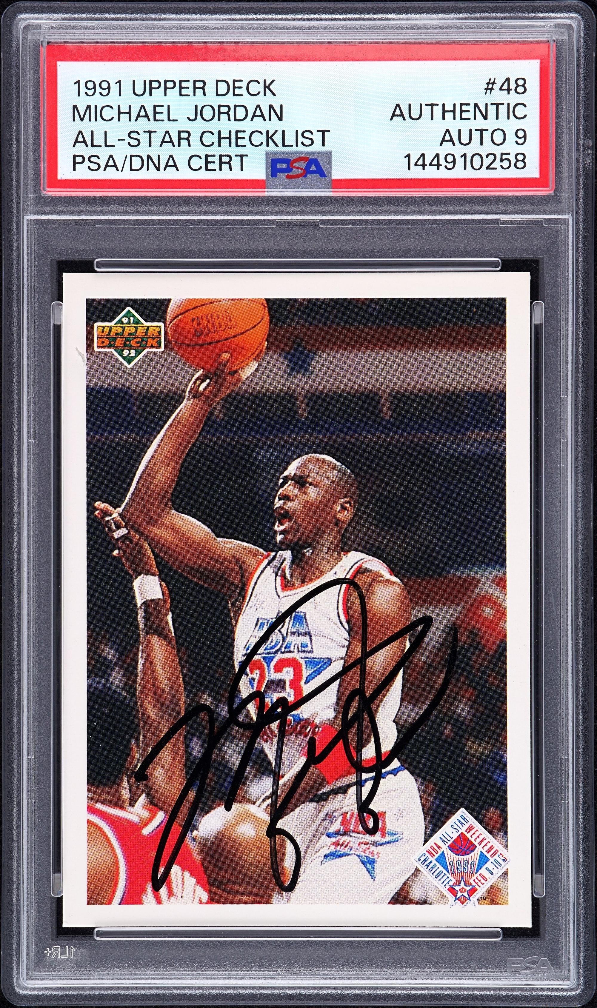 A 1991 Upper Deck Michael Jordan Signed Autograph Basketball Card No. 48 (PSA 9 AUTO) — Autograph obtained from Jordan by Make-A-Wish child in 1992 at Chicago Stadium