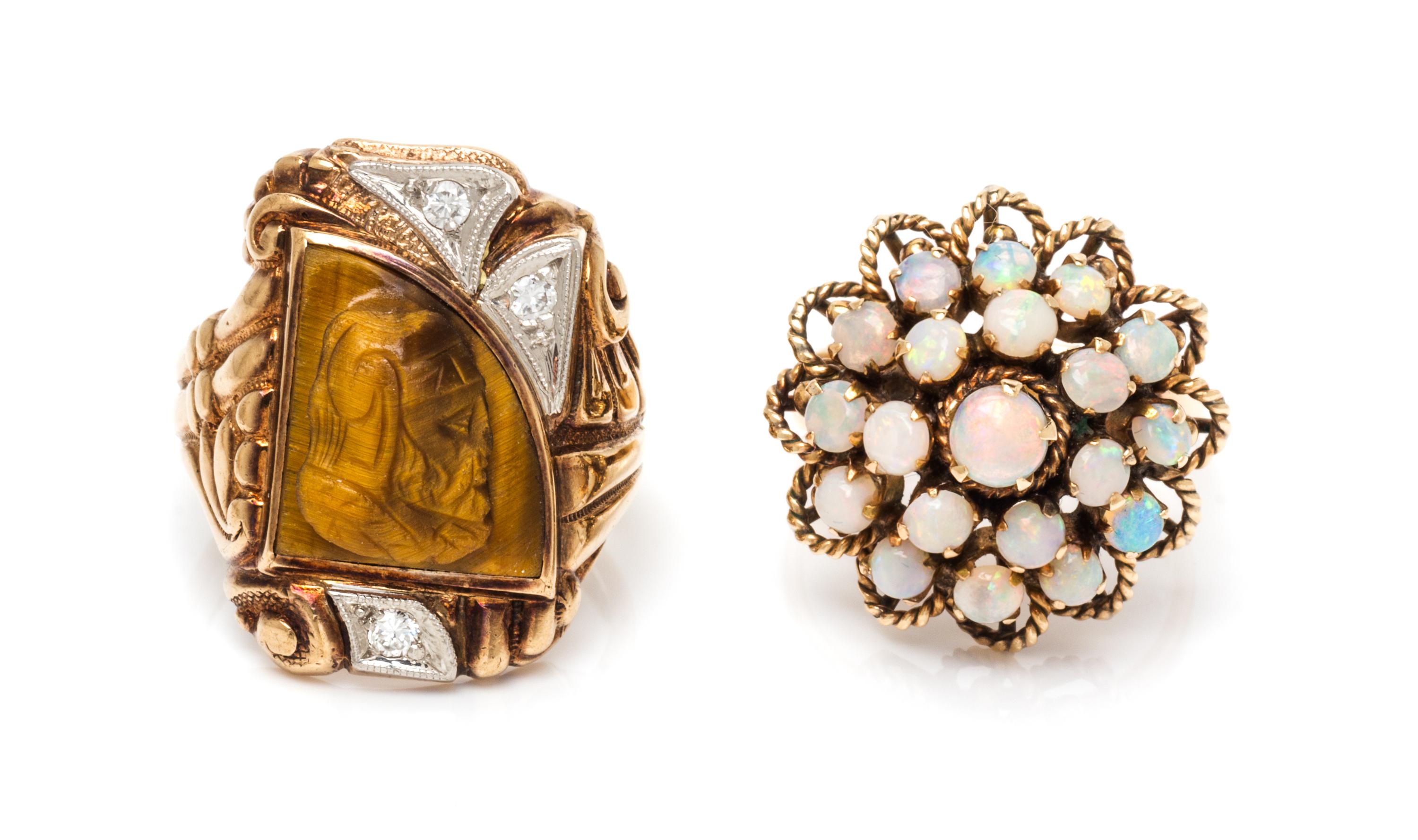 A Collection of Yellow Gold and Multigem Rings, 10.70 dwts.