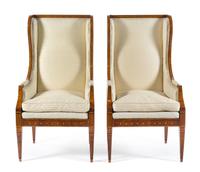 A Pair of Italian Marquetry and Parquetry Wingback Bergeres Height 51 1/4 x width 24 3/8 x depth 24 3/8 inches. — 19TH/20TH CENTURY