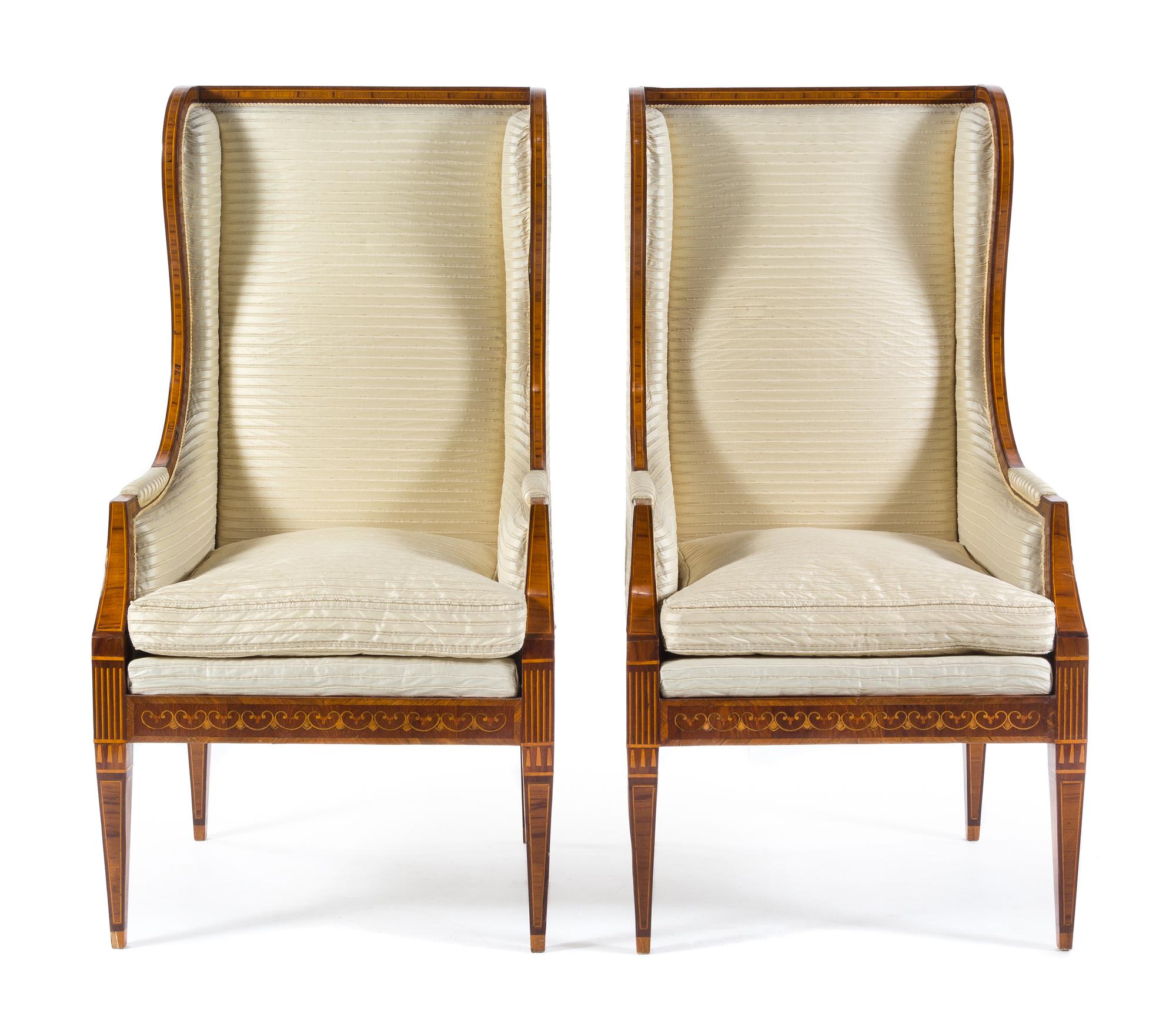 A Pair of Italian Marquetry and Parquetry Wingback Bergeres Height 51 1/4 x width 24 3/8 x depth 24 3/8 inches. — 19TH/20TH CENTURY