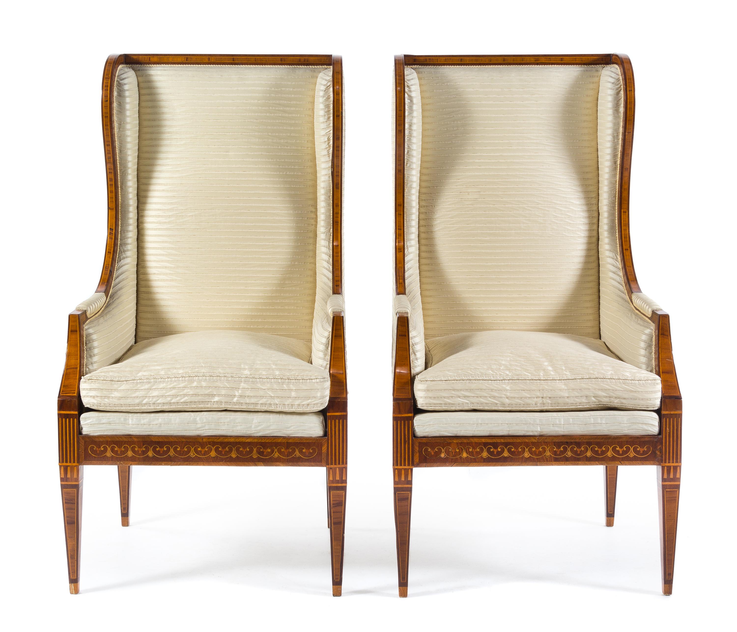 A Pair of Italian Marquetry and Parquetry Wingback Bergeres Height 51 1/4 x width 24 3/8 x depth 24 3/8 inches. — 19TH/20TH CENTURY