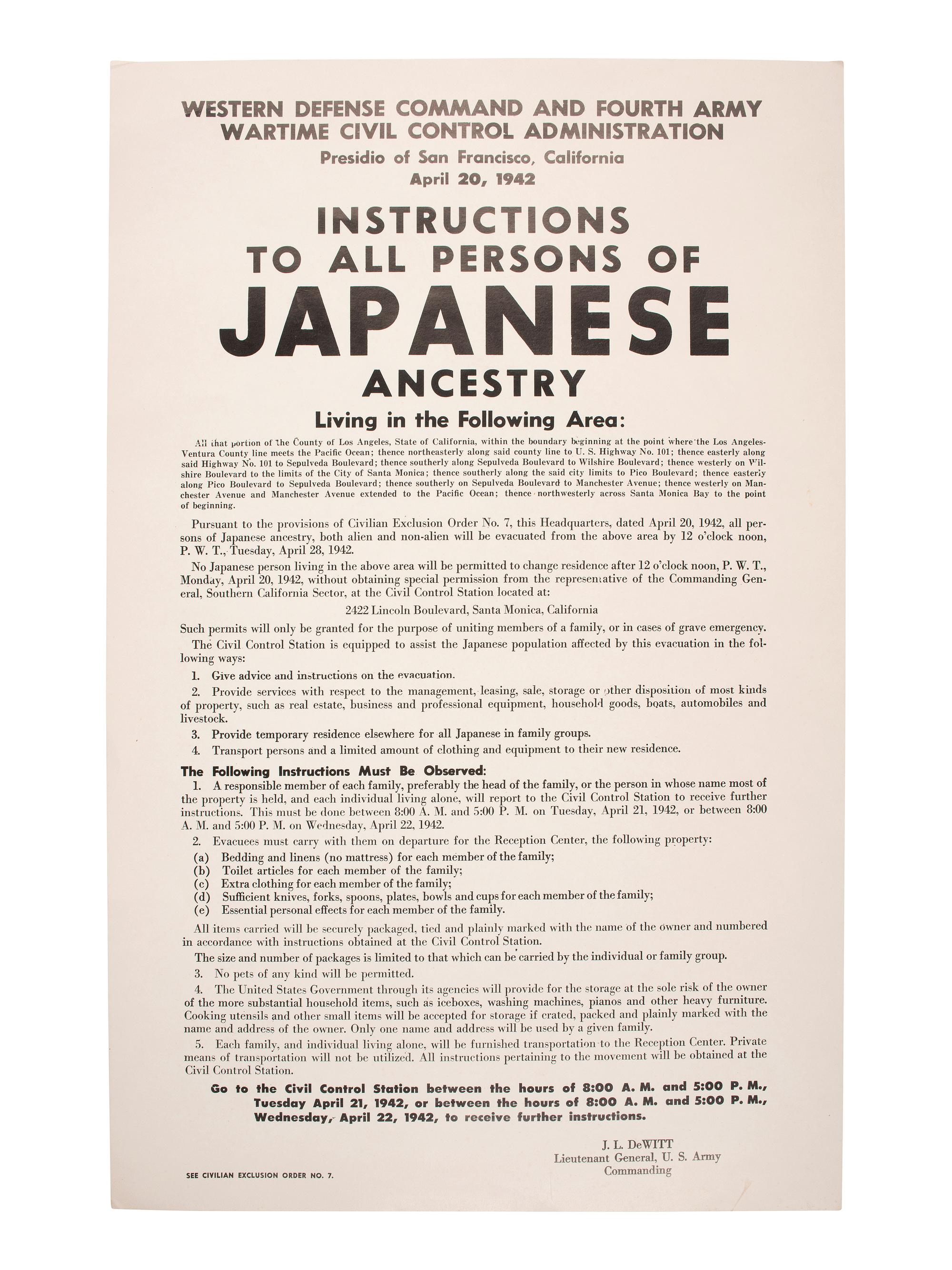 [WORLD WAR II] -- JAPANESE INTERNMENT]. Instructions to All Persons of Japanese Ancestry... [Western Defense Command]: [San Francisco], [1942].