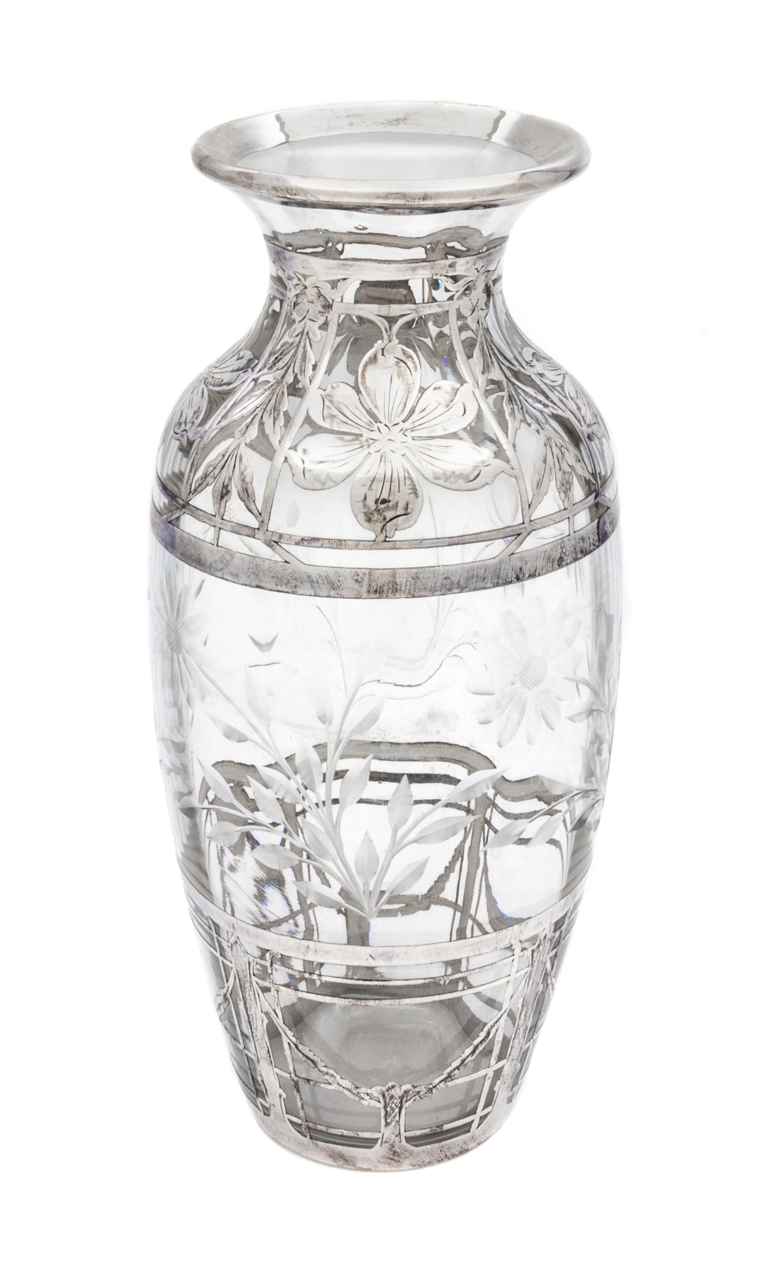 A Silver Overlay Wheel Cut Glass Vase Height 12 3/8 inches.