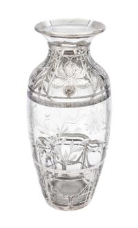 A Silver Overlay Wheel Cut Glass Vase Height 12 3/8 inches.