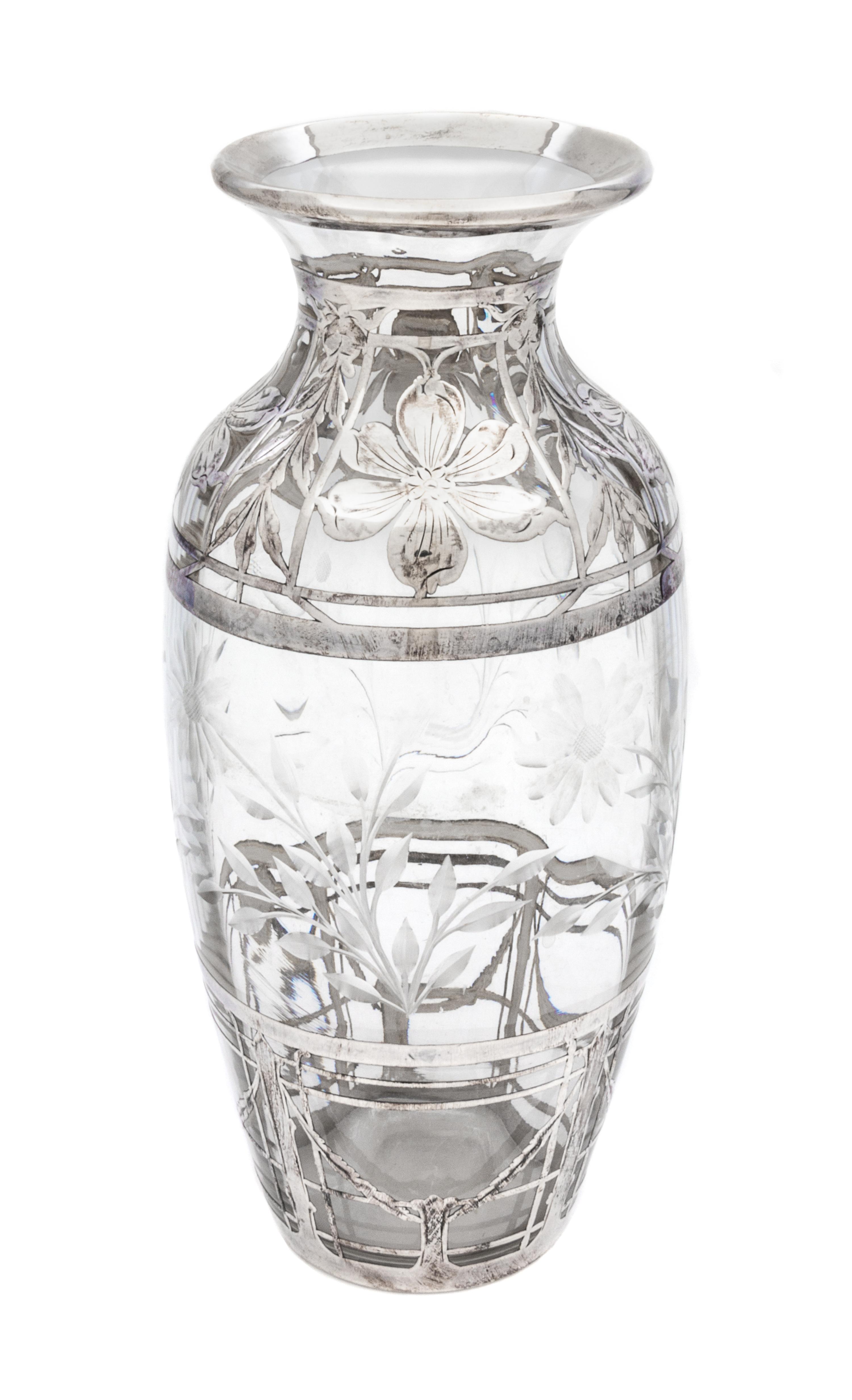 A Silver Overlay Wheel Cut Glass Vase Height 12 3/8 inches.