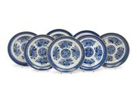 Seven Chinese Export Blue and White Porcelain “Fitzhugh” Dishes