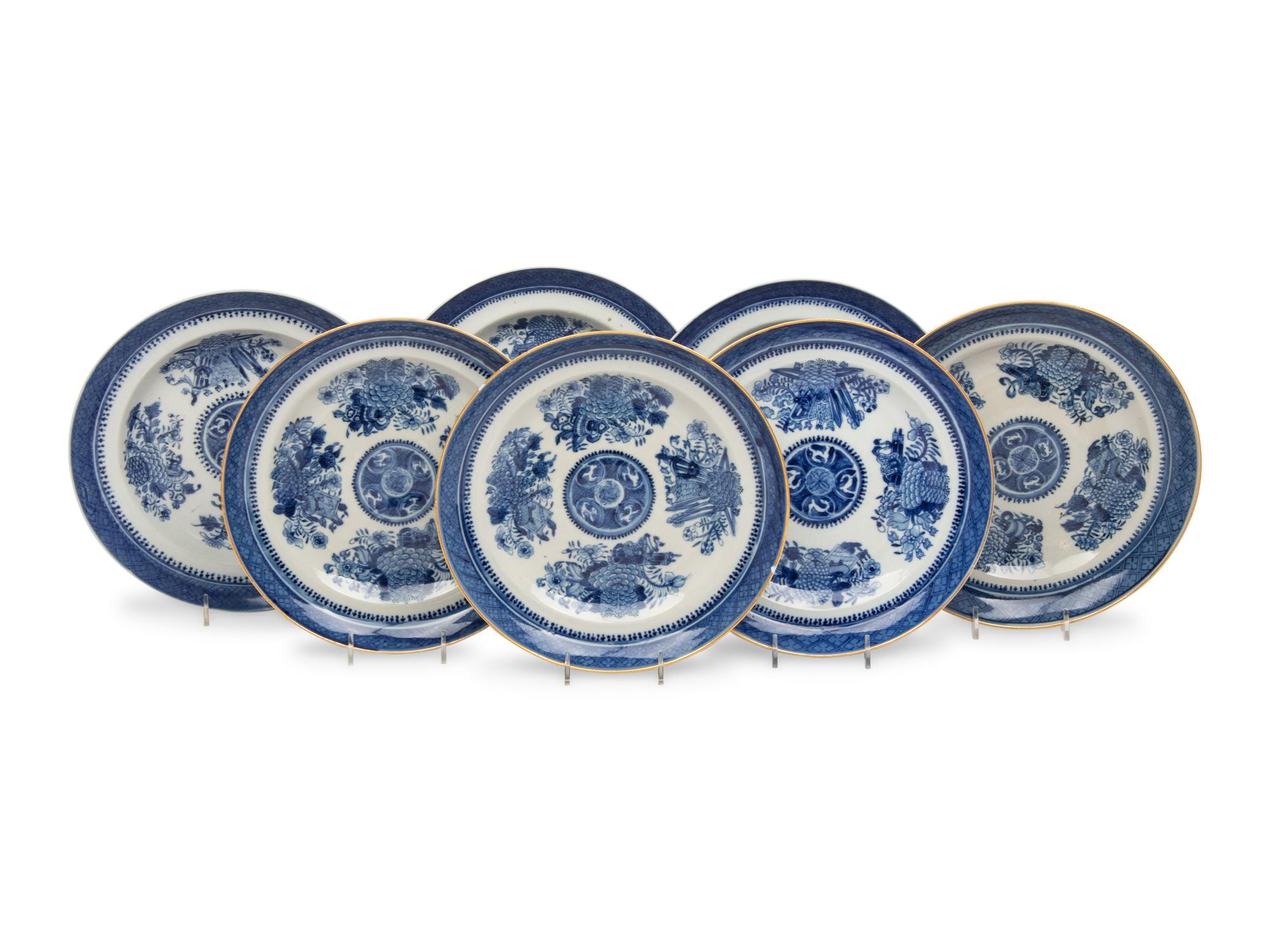 Seven Chinese Export Blue and White Porcelain “Fitzhugh” Dishes