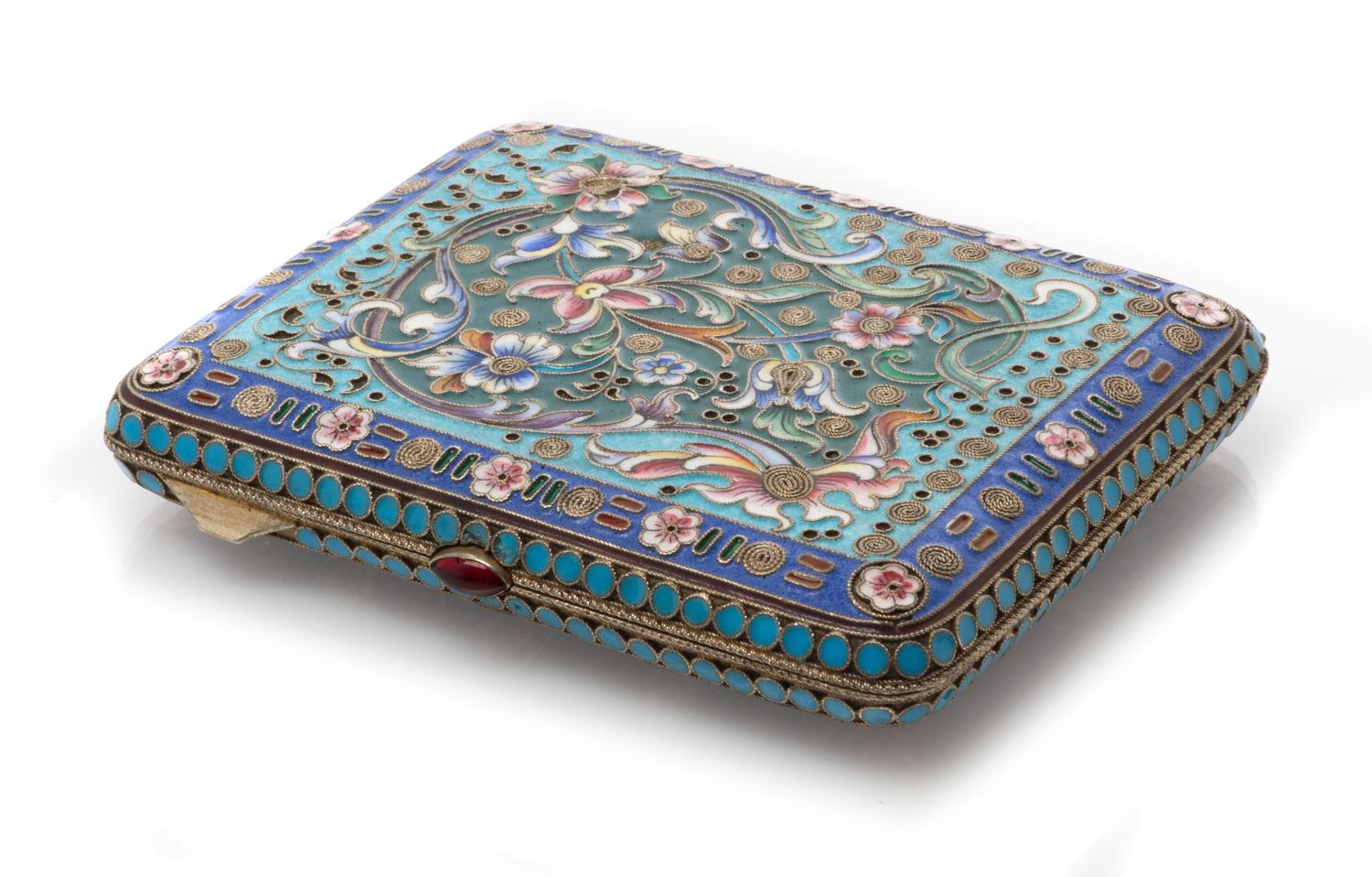 A Russian Enameled Silver Cigarette Case, Mark of Mikhail Zorin, Moscow, late 19th/early 20th century, the case worked with coiled fili