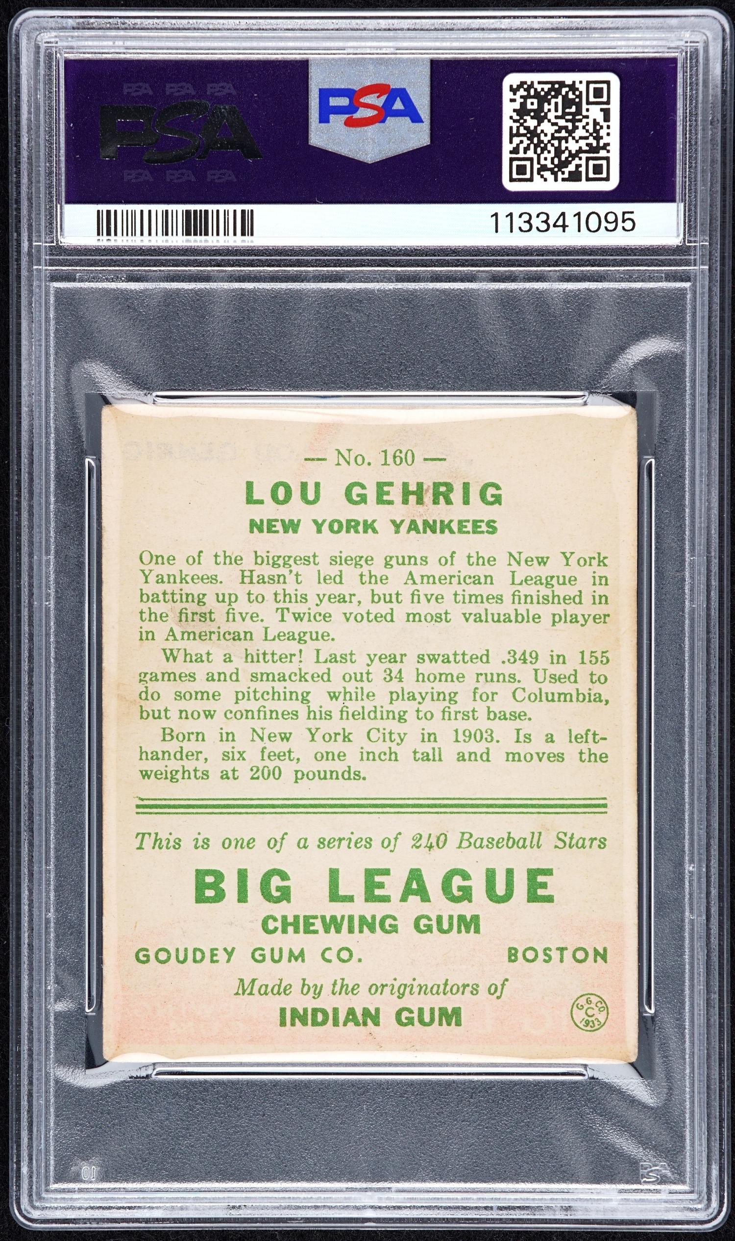 A 1933 Goudey Lou Gehrig Baseball Card No. 92 (PSA 3 VG)