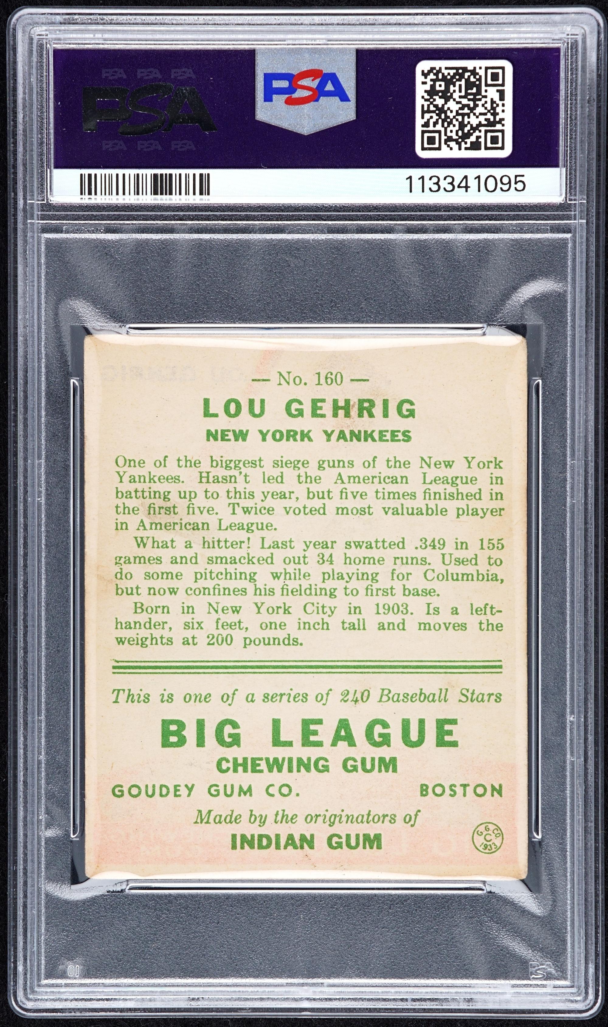 A 1933 Goudey Lou Gehrig Baseball Card No. 92 (PSA 3 VG)