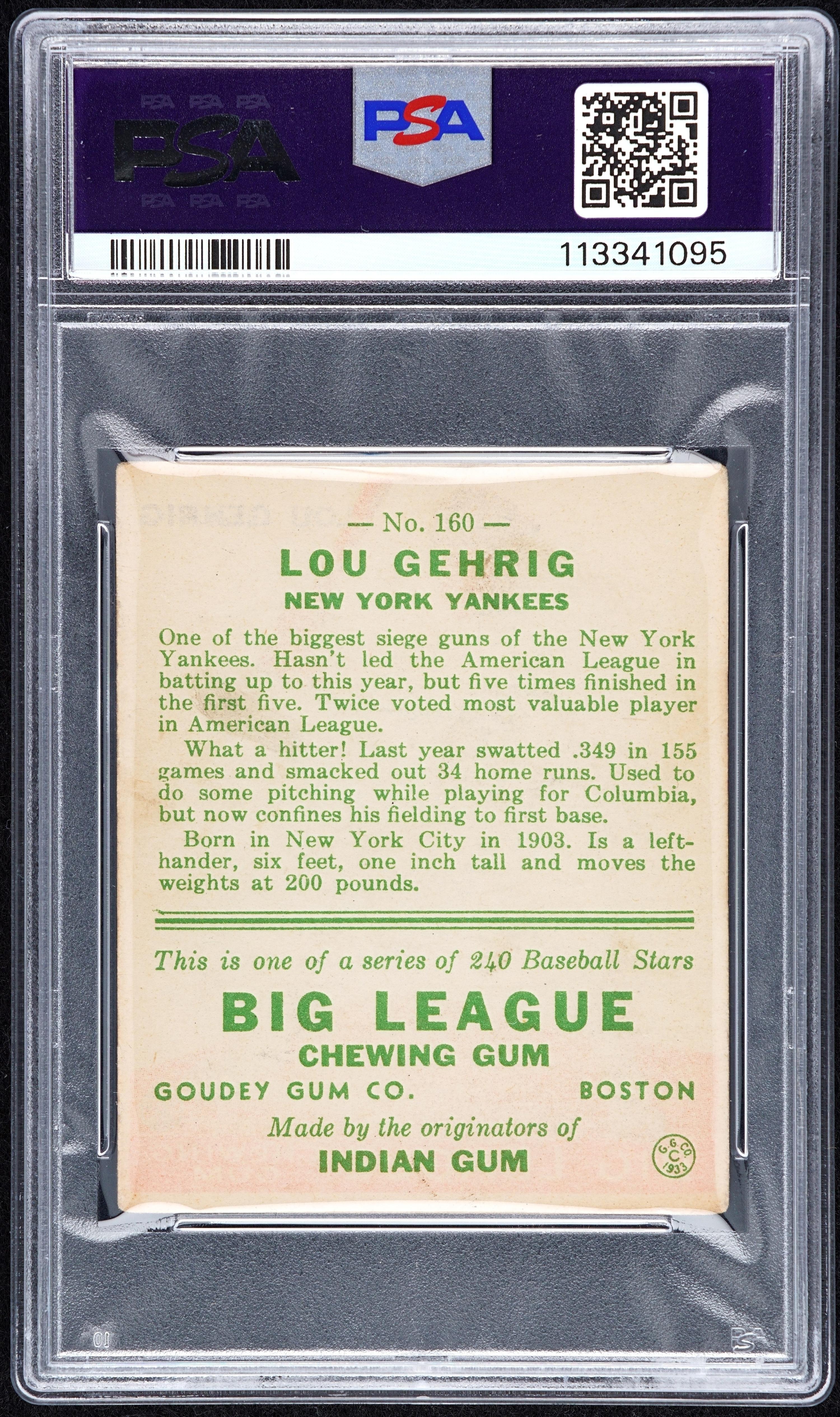 A 1933 Goudey Lou Gehrig Baseball Card No. 92 (PSA 3 VG)
