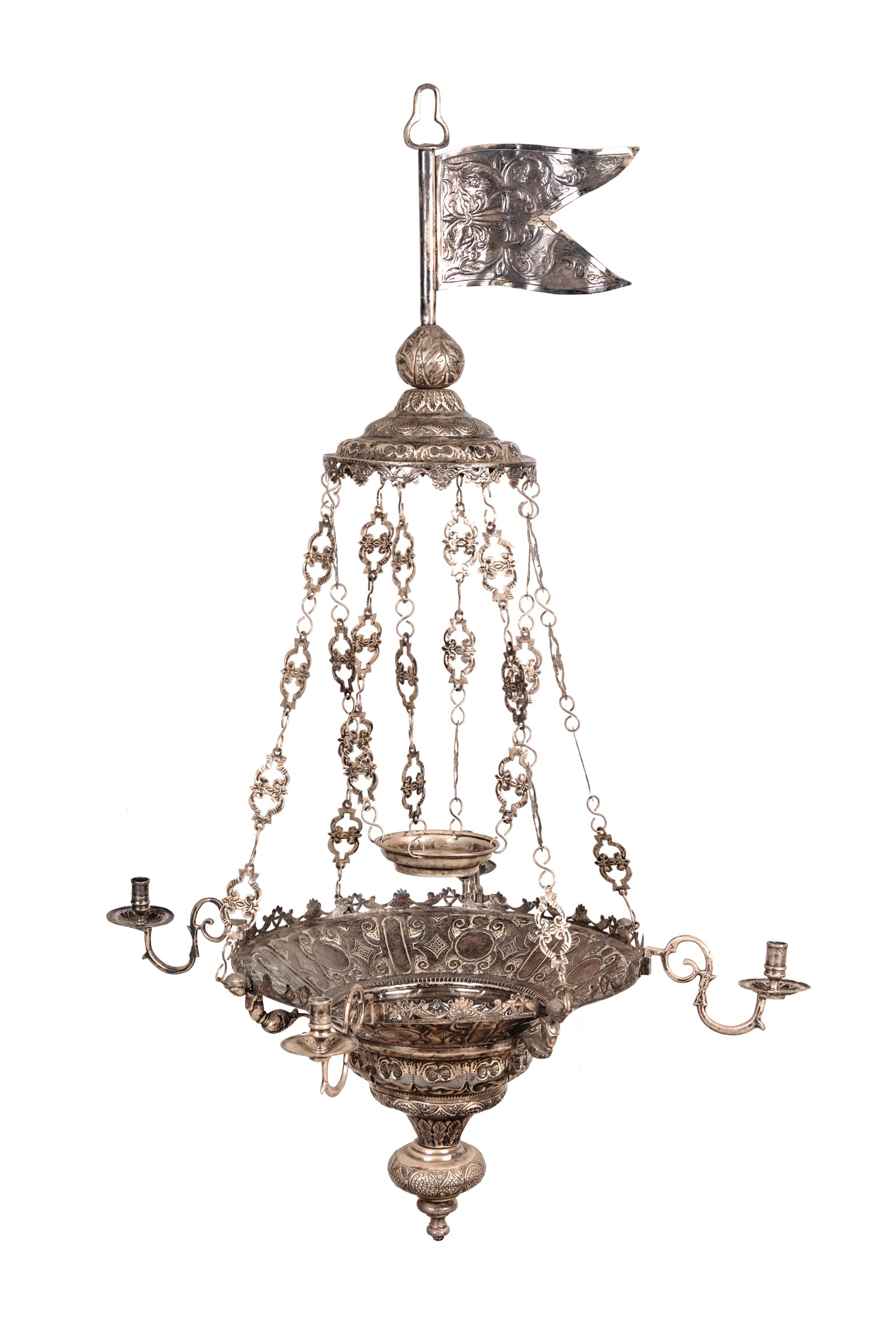 A Pair of Mexican Colonial Silver Four-Light Chandeliers