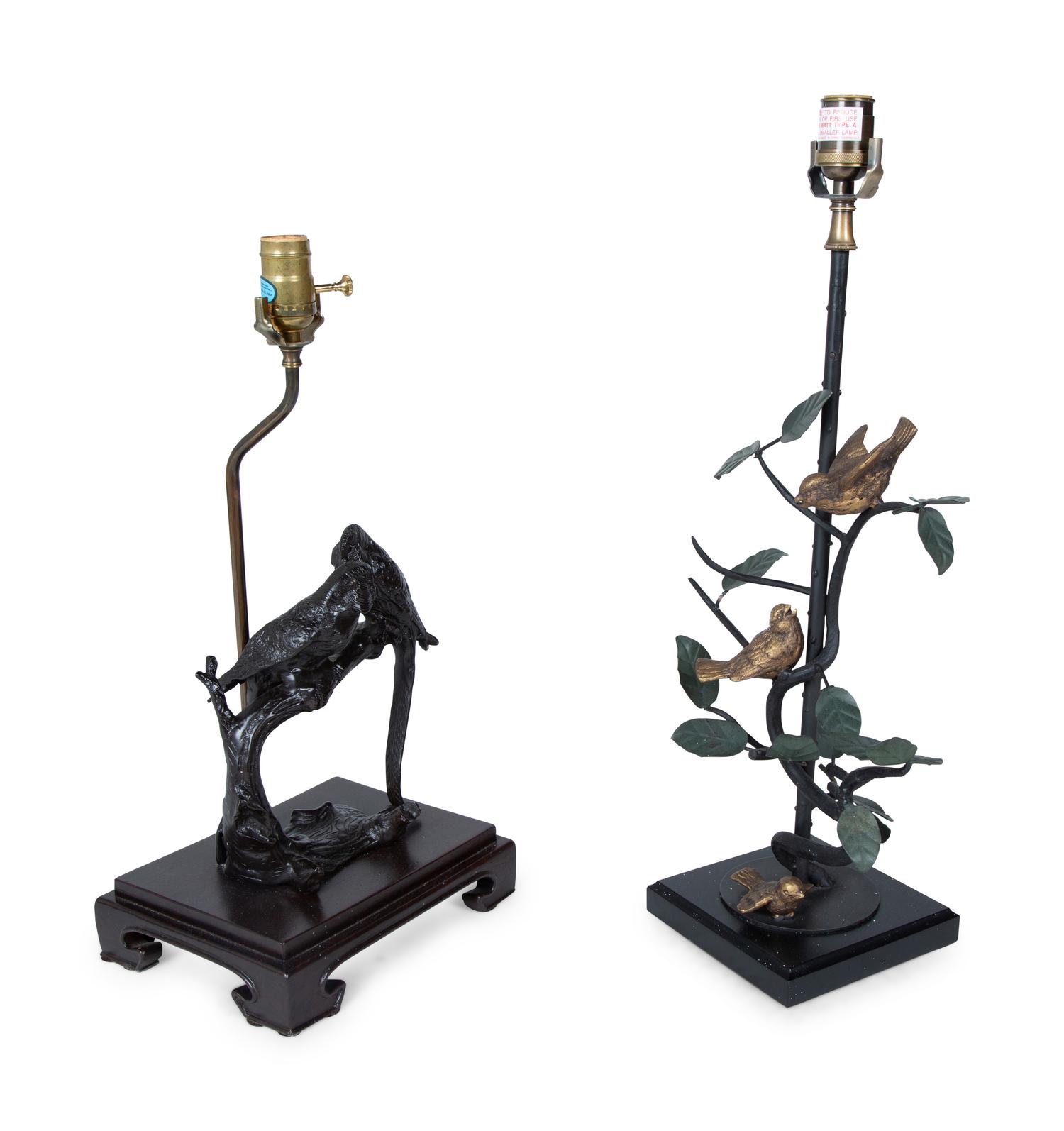 Two Patinated Bronze Lamps with Birds on a Branch — 20TH CENTURY