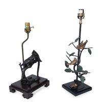 Two Patinated Bronze Lamps with Birds on a Branch — 20TH CENTURY