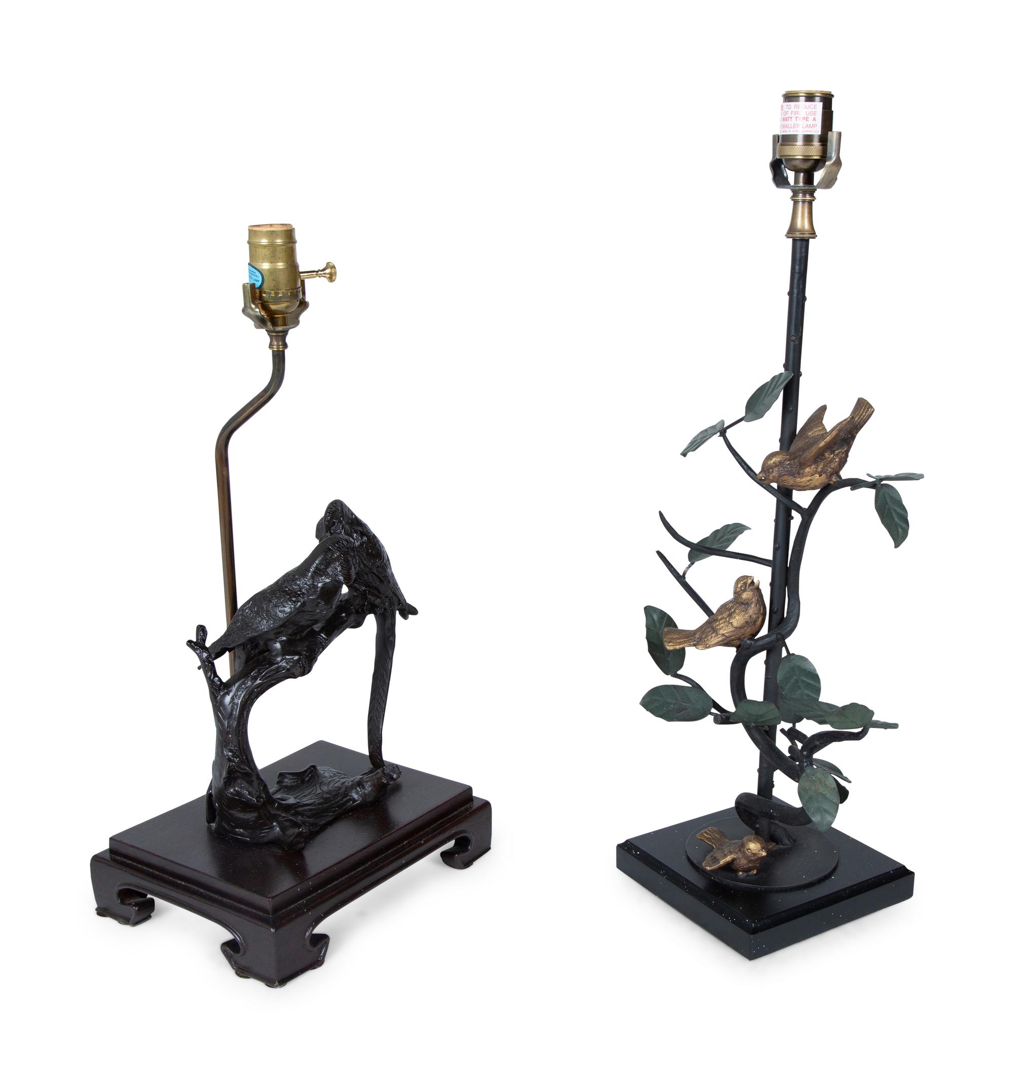 Two Patinated Bronze Lamps with Birds on a Branch — 20TH CENTURY