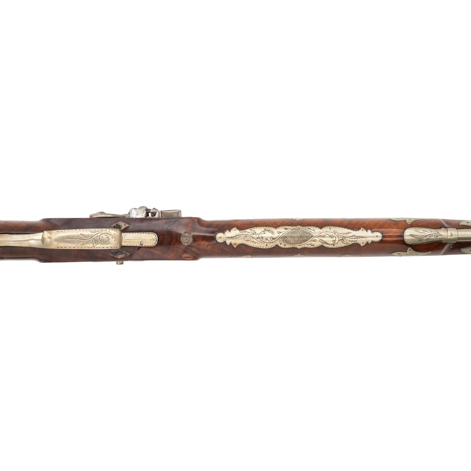 Ornate 19th Century German Silver Decorated Heavy Barrel Flintlock Rifle Signed "S.S."