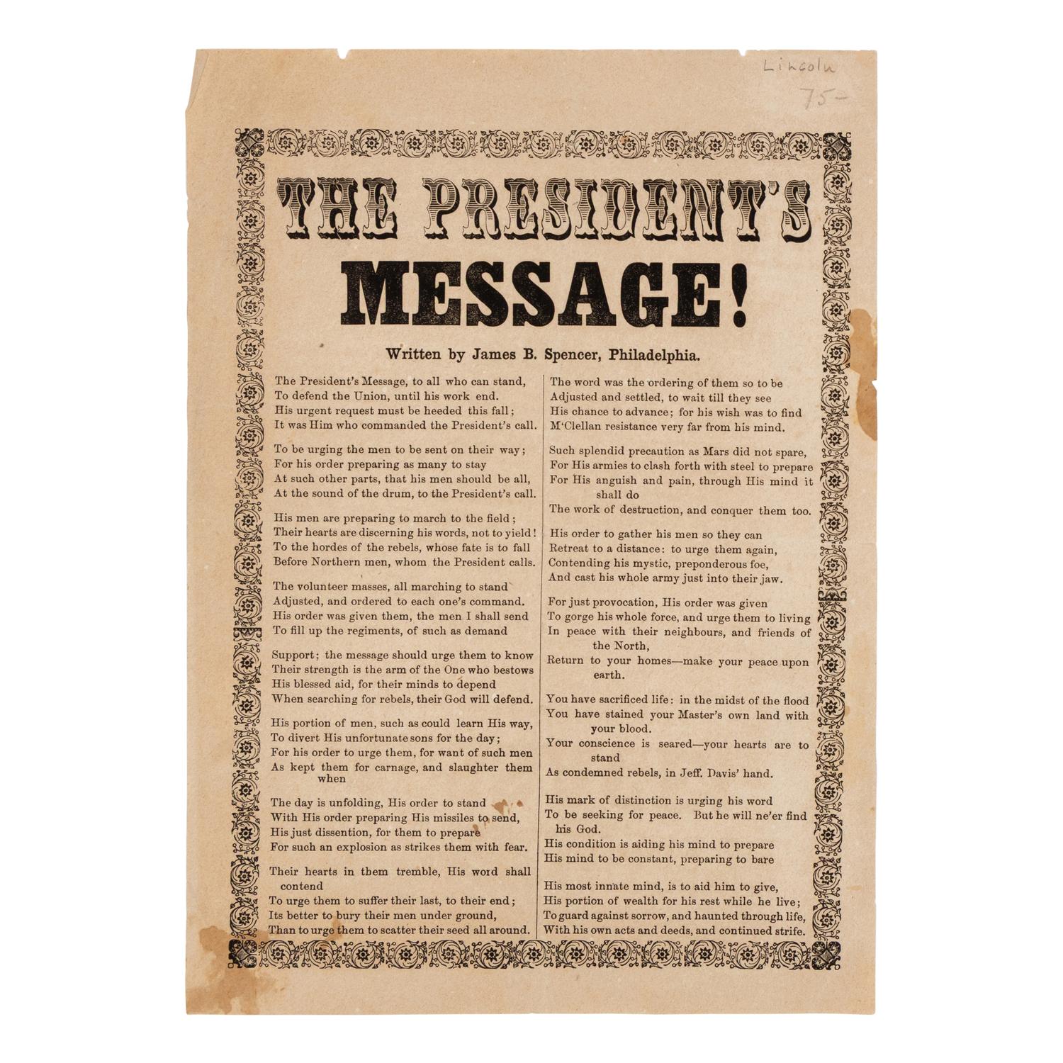 [LINCOLN, Abraham (1809-1865)]. SPENCER, James B. "The President's Message!" Philadelphia, ca 1862.