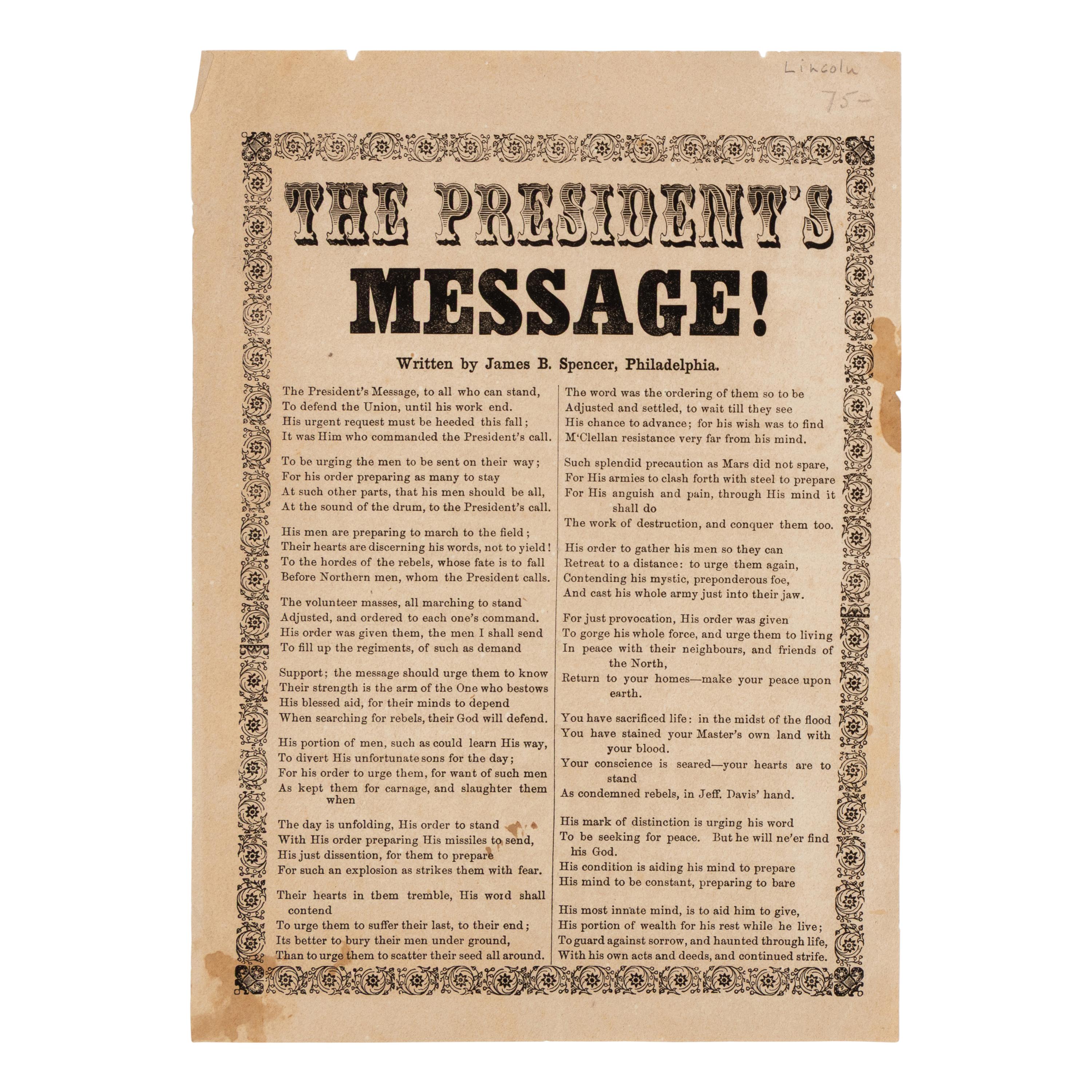 [LINCOLN, Abraham (1809-1865)]. SPENCER, James B. "The President's Message!" Philadelphia, ca 1862.